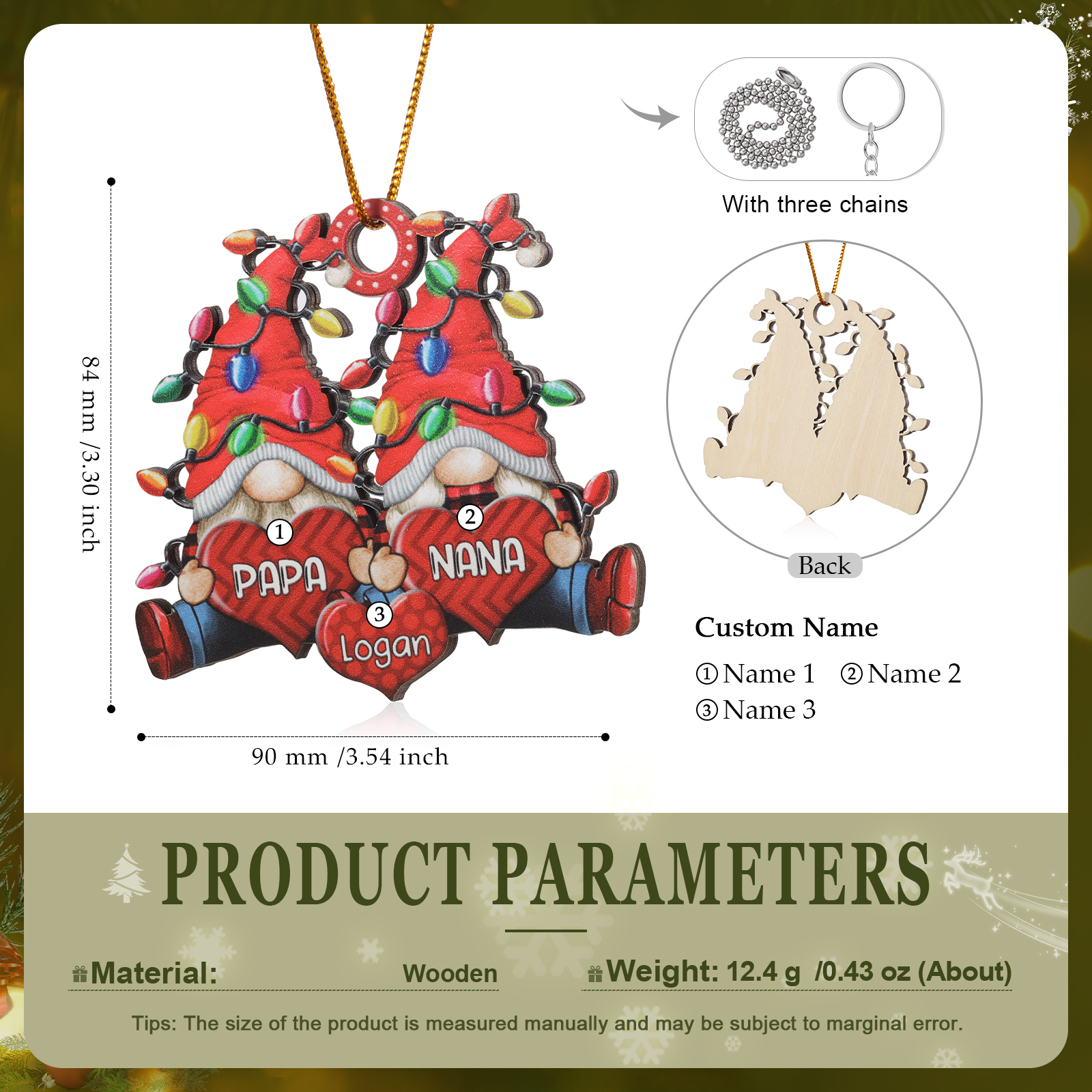 Personalized Gnome Family Wooden Christmas Ornament Custom with 2 Names Gift For Nana Papa