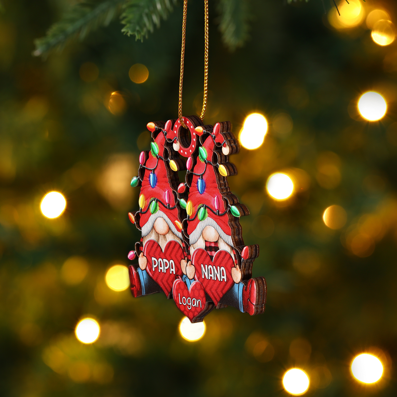 Personalized Gnome Family Wooden Christmas Ornament Custom with 2 Names Gift For Nana Papa