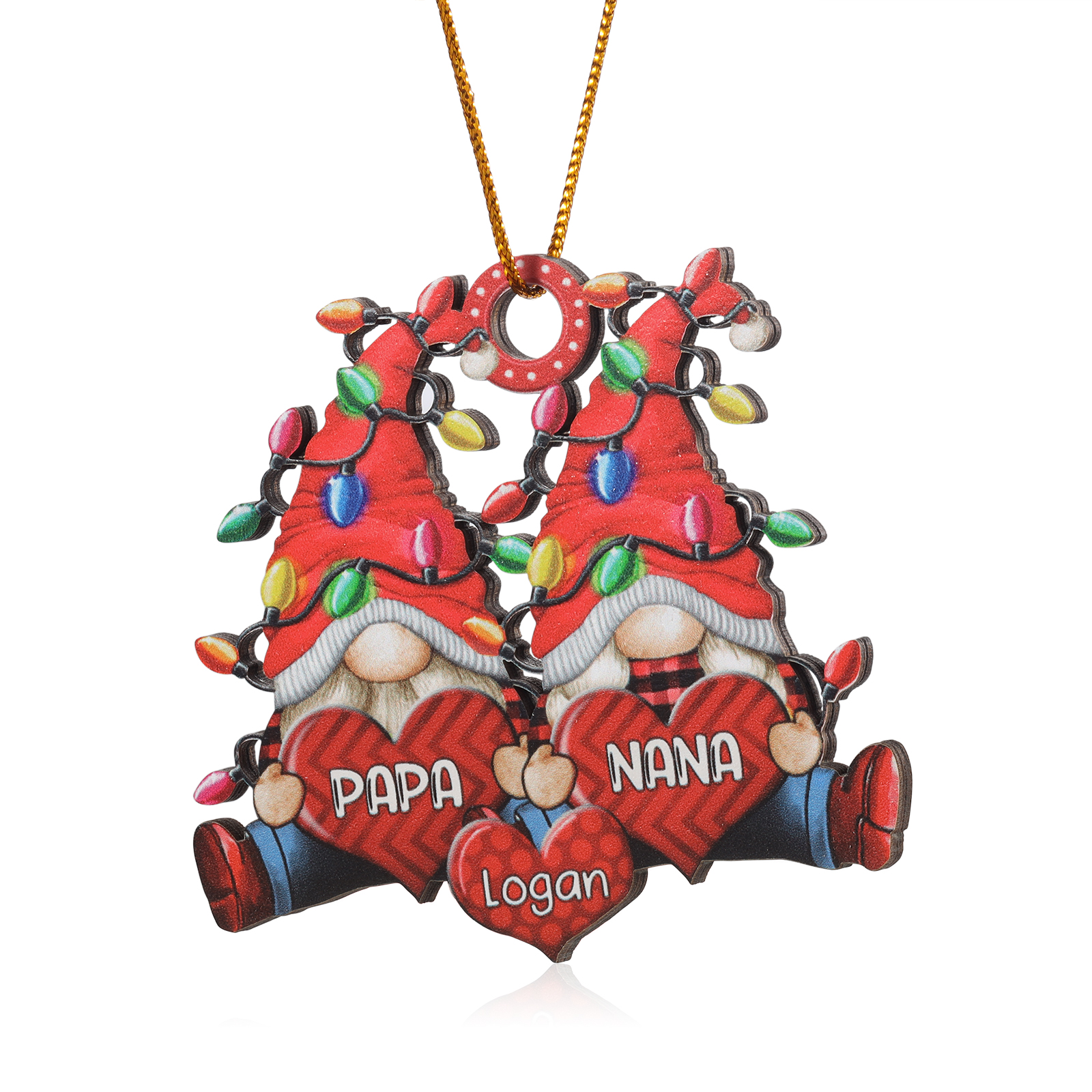 Personalized Gnome Family Wooden Christmas Ornament Custom with 2 Names Gift For Nana Papa