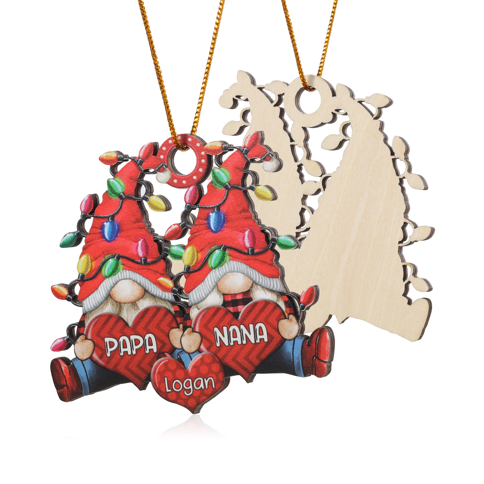 Personalized Gnome Family Wooden Christmas Ornament Custom with 2 Names Gift For Nana Papa
