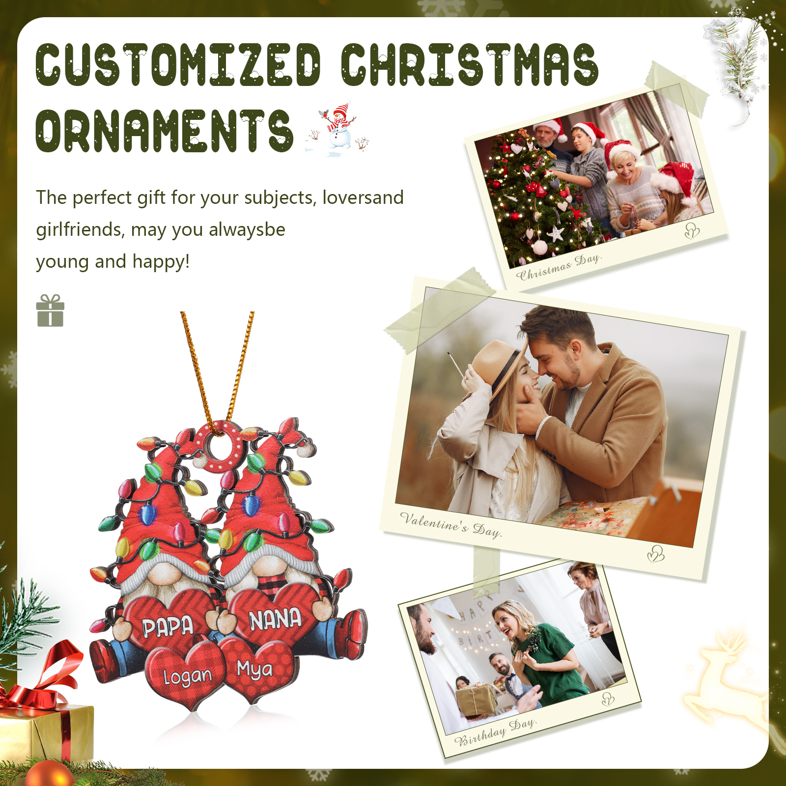 Personalized Gnome Family Wooden Christmas Ornament Custom with 4 Names Keychain Gift For Nana Papa