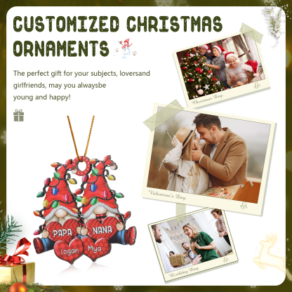 Personalized Gnome Family Wooden Christmas Ornament Custom with 4 Names Keychain Gift For Nana Papa