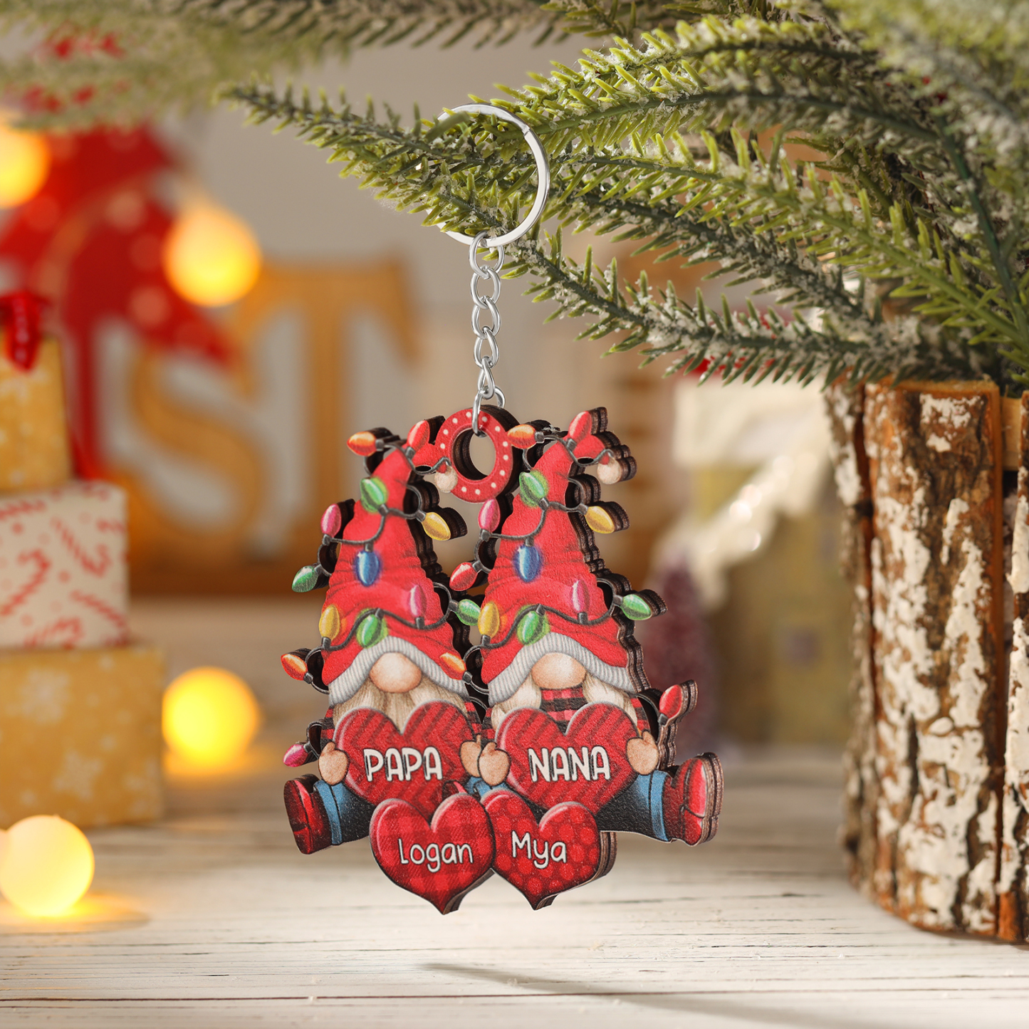 Personalized Gnome Family Wooden Christmas Ornament Custom with 4 Names Keychain Gift For Nana Papa