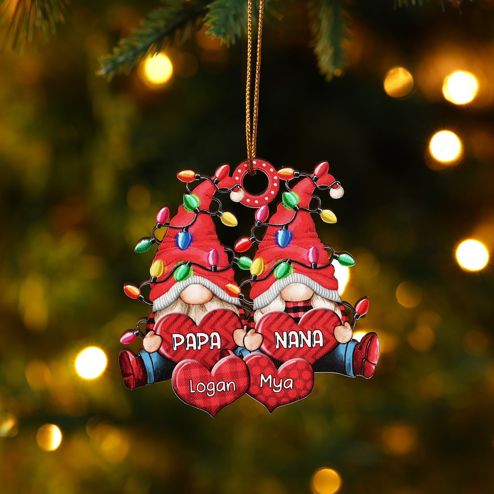 Personalized Gnome Family Wooden Christmas Ornament Custom with 4 Names Keychain Gift For Nana Papa