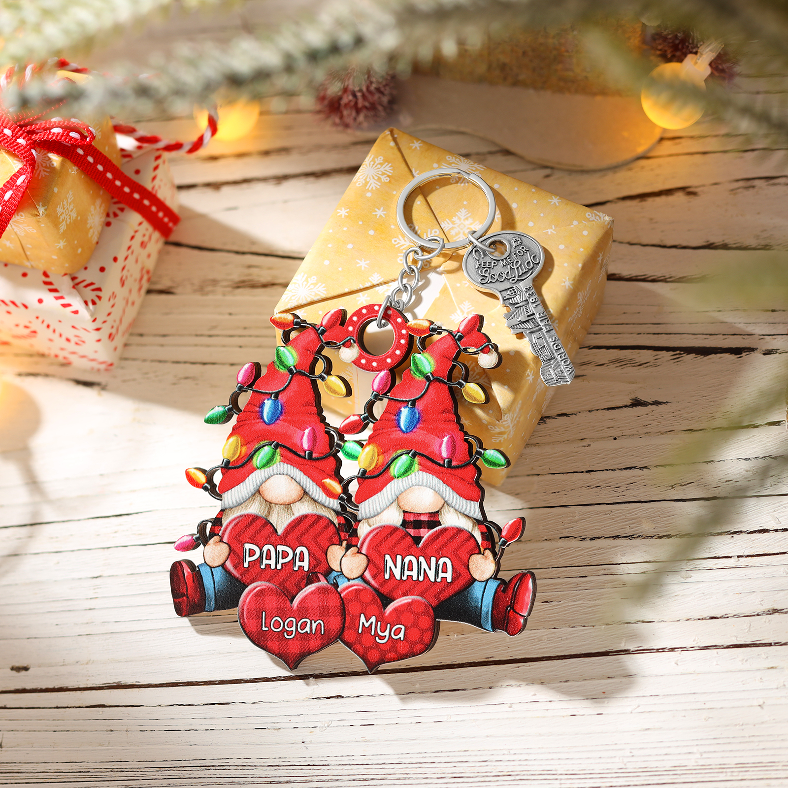 Personalized Gnome Family Wooden Christmas Ornament Custom with 2 Names Keychain Gift For Nana Papa