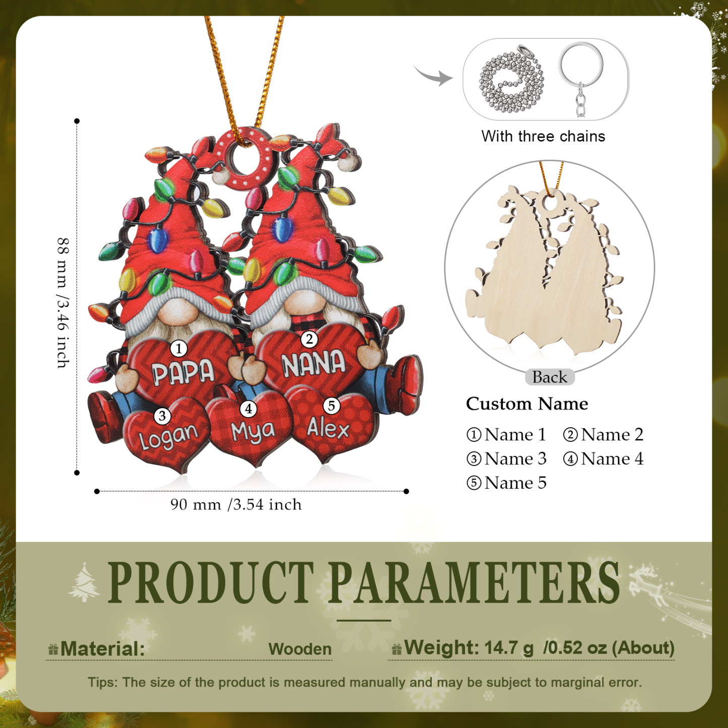 Personalized Gnome Family Wooden Christmas Ornament Custom with 5 Names Keychain Gift For Nana Papa