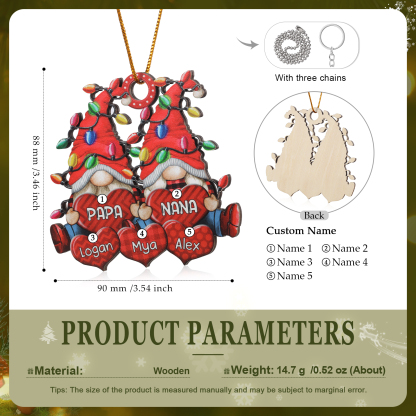 Personalized Gnome Family Wooden Christmas Ornament Custom with 5 Names Keychain Gift For Nana Papa