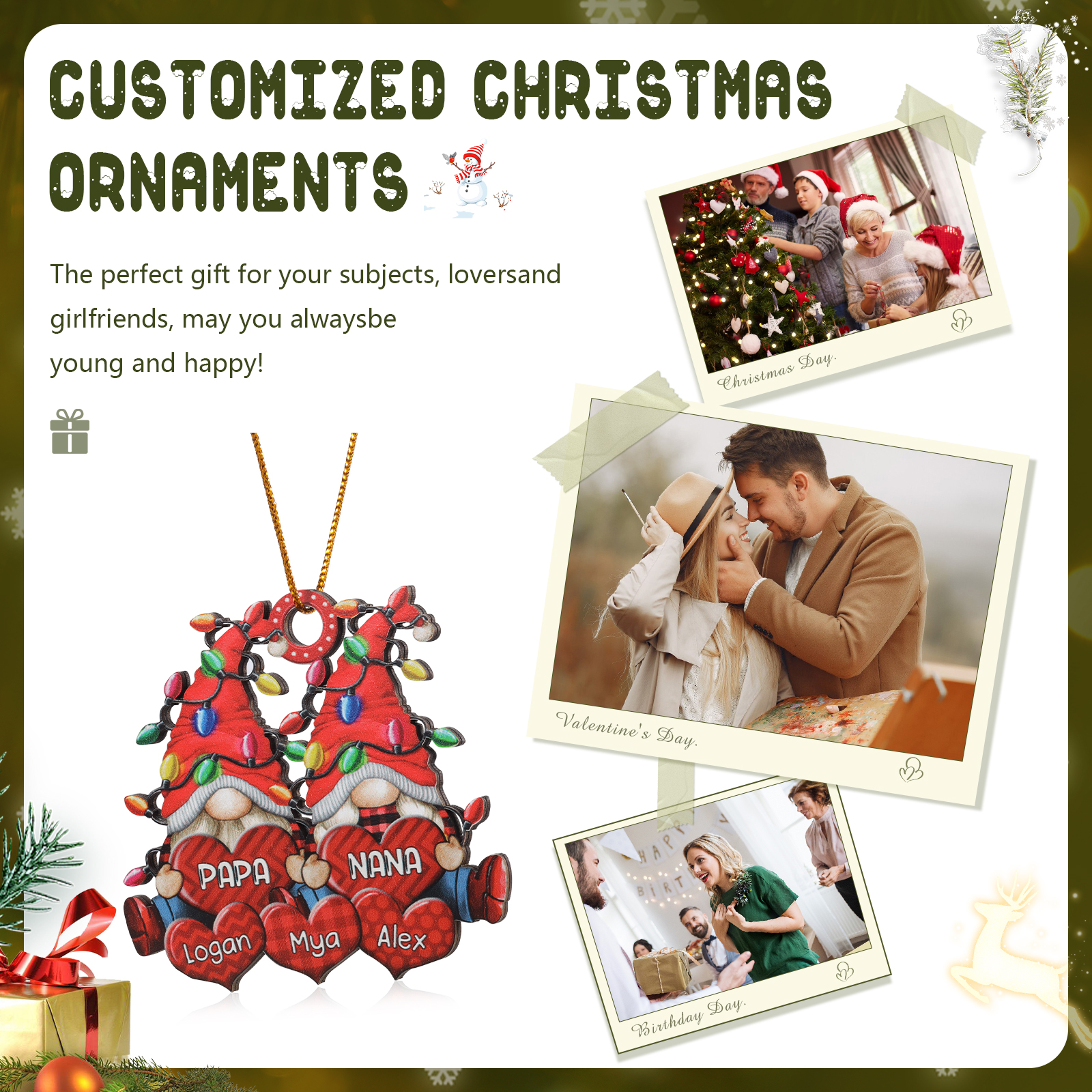 Personalized Gnome Family Wooden Christmas Ornament Custom with 5 Names Keychain Gift For Nana Papa