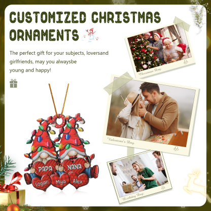 Personalized Gnome Family Wooden Christmas Ornament Custom with 5 Names Keychain Gift For Nana Papa