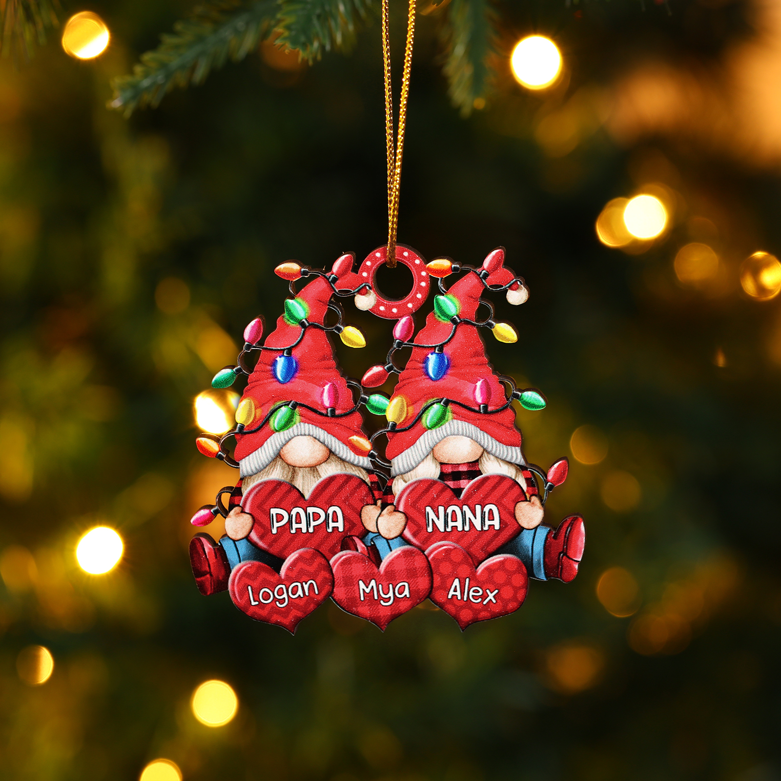 Personalized Gnome Family Wooden Christmas Ornament Custom with 5 Names Keychain Gift For Nana Papa