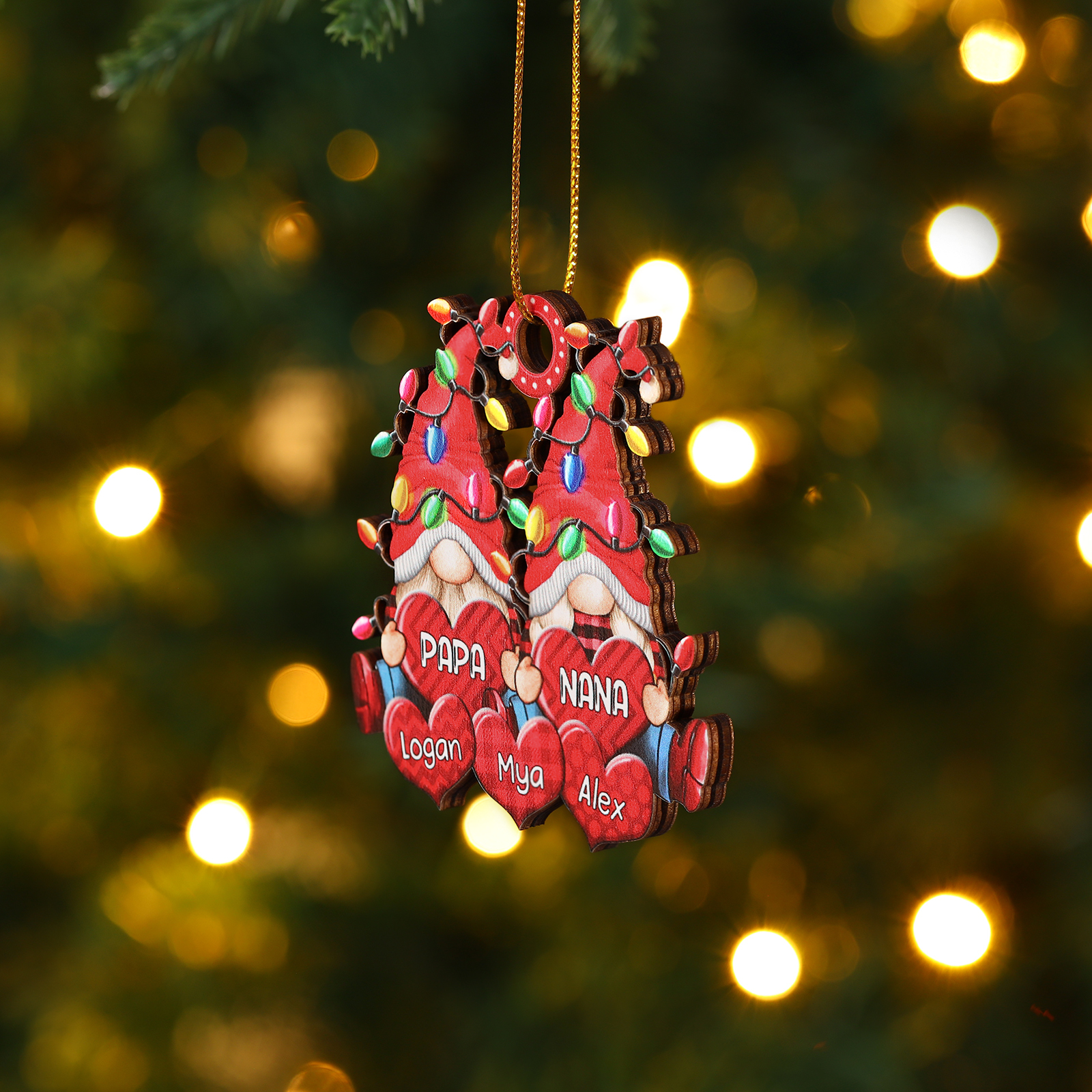 Personalized Gnome Family Wooden Christmas Ornament Custom with 5 Names Keychain Gift For Nana Papa