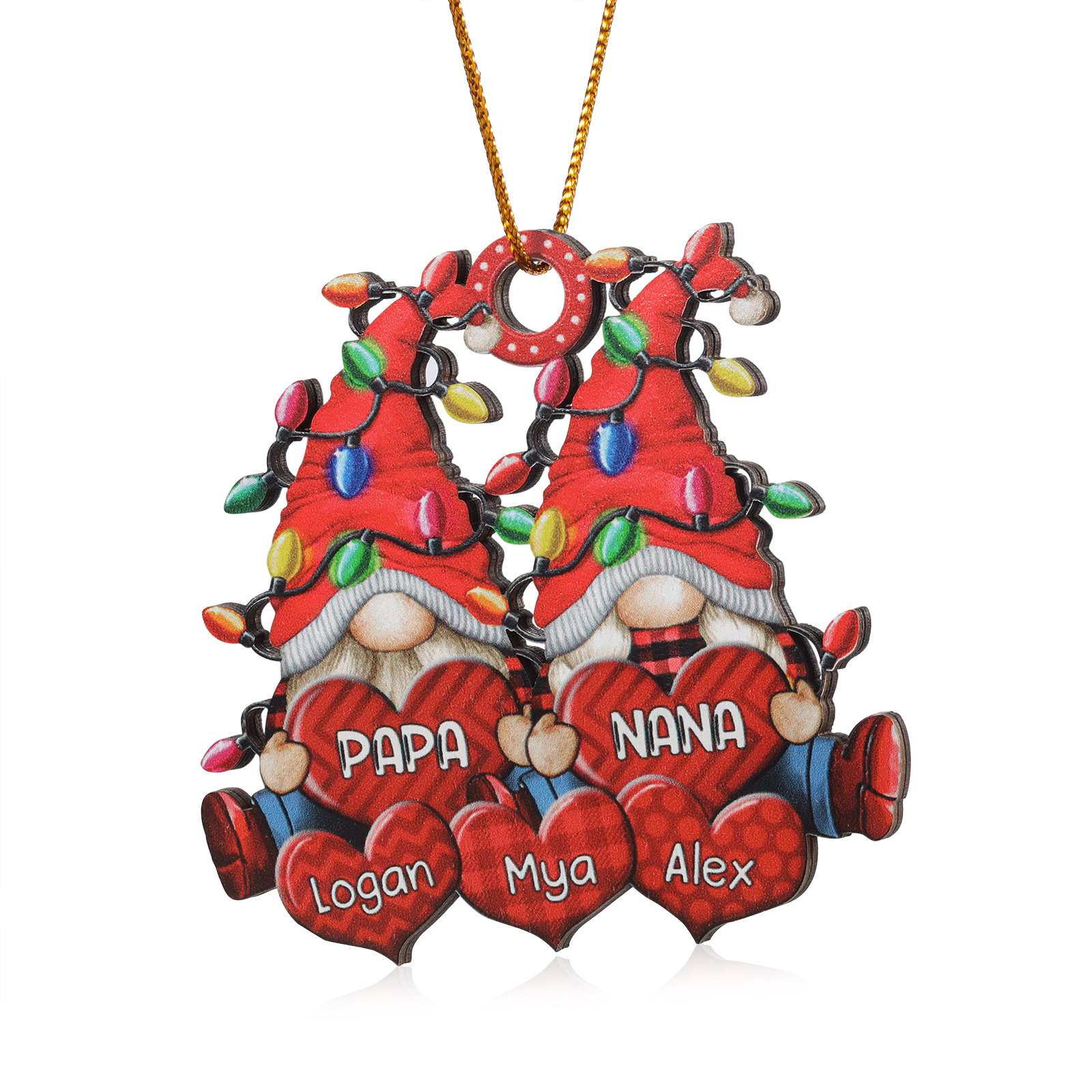 Personalized Gnome Family Wooden Christmas Ornament Custom with 5 Names Keychain Gift For Nana Papa