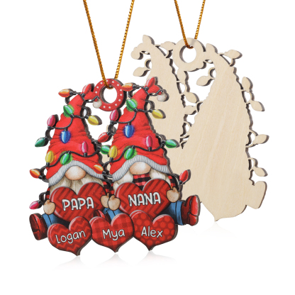 Personalized Gnome Family Wooden Christmas Ornament Custom with 5 Names Keychain Gift For Nana Papa