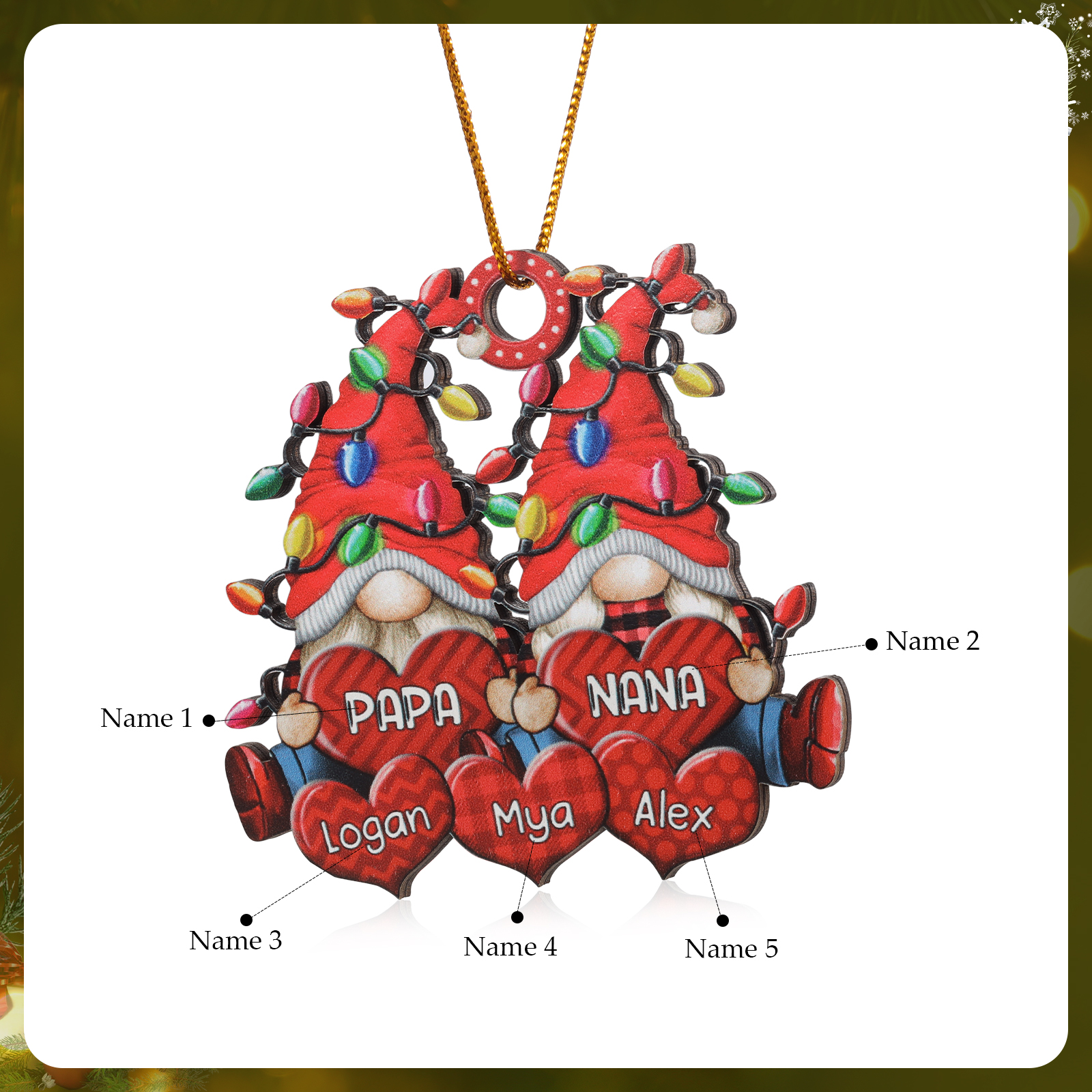 Personalized Gnome Family Wooden Christmas Ornament Custom with 5 Names Keychain Gift For Nana Papa