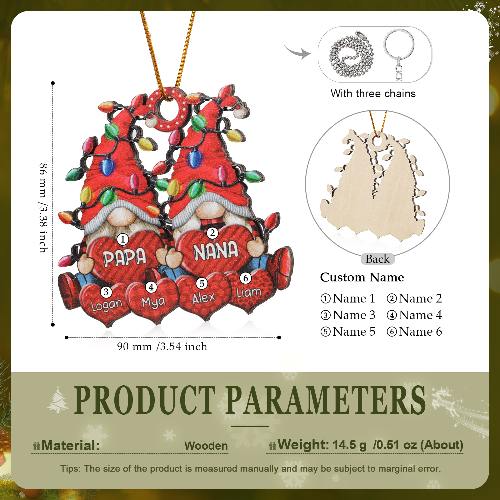 Personalized Gnome Family Wooden Christmas Ornament Custom with 6 Names Keychain Gift For Nana Papa