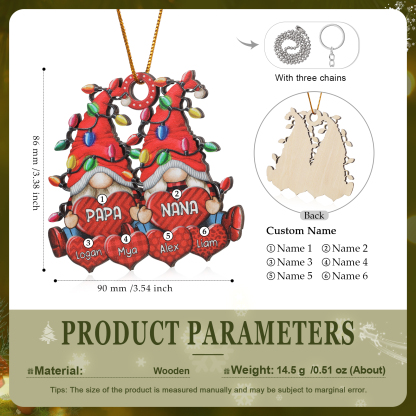 Personalized Gnome Family Wooden Christmas Ornament Custom with 6 Names Keychain Gift For Nana Papa