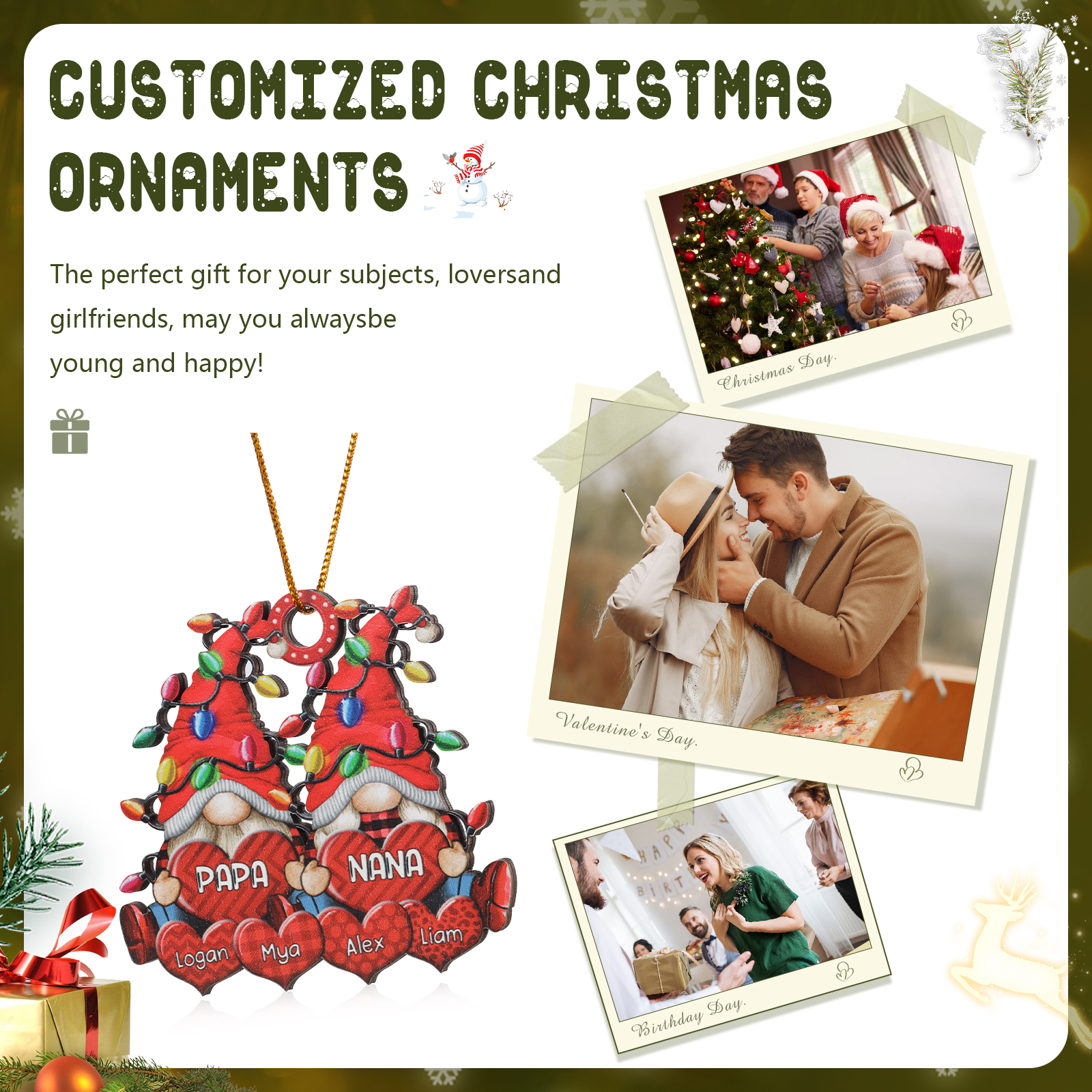 Personalized Gnome Family Wooden Christmas Ornament Custom with 6 Names Keychain Gift For Nana Papa