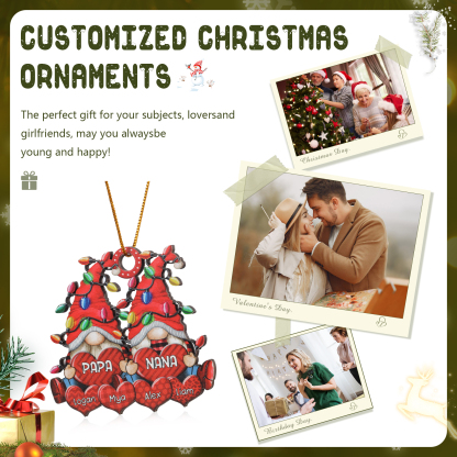 Personalized Gnome Family Wooden Christmas Ornament Custom with 6 Names Keychain Gift For Nana Papa