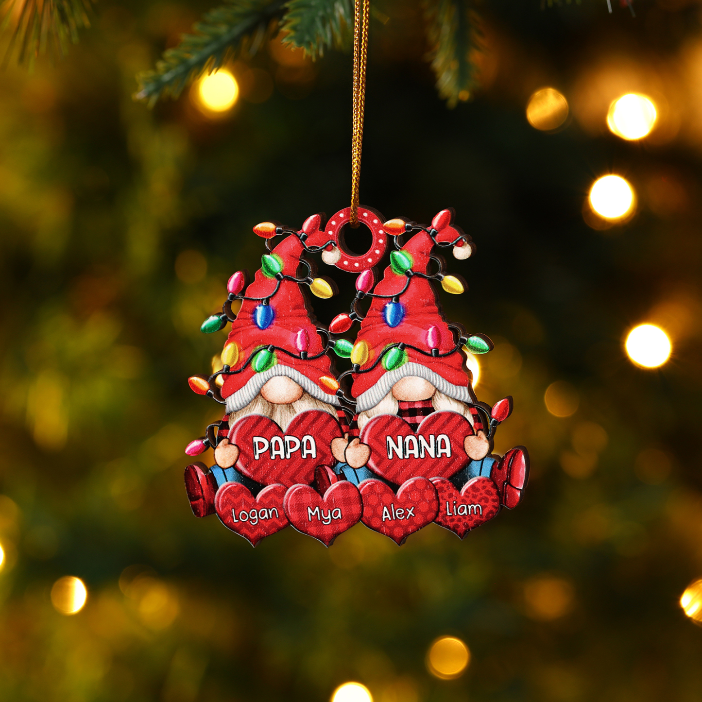 Personalized Gnome Family Wooden Christmas Ornament Custom with 6 Names Keychain Gift For Nana Papa