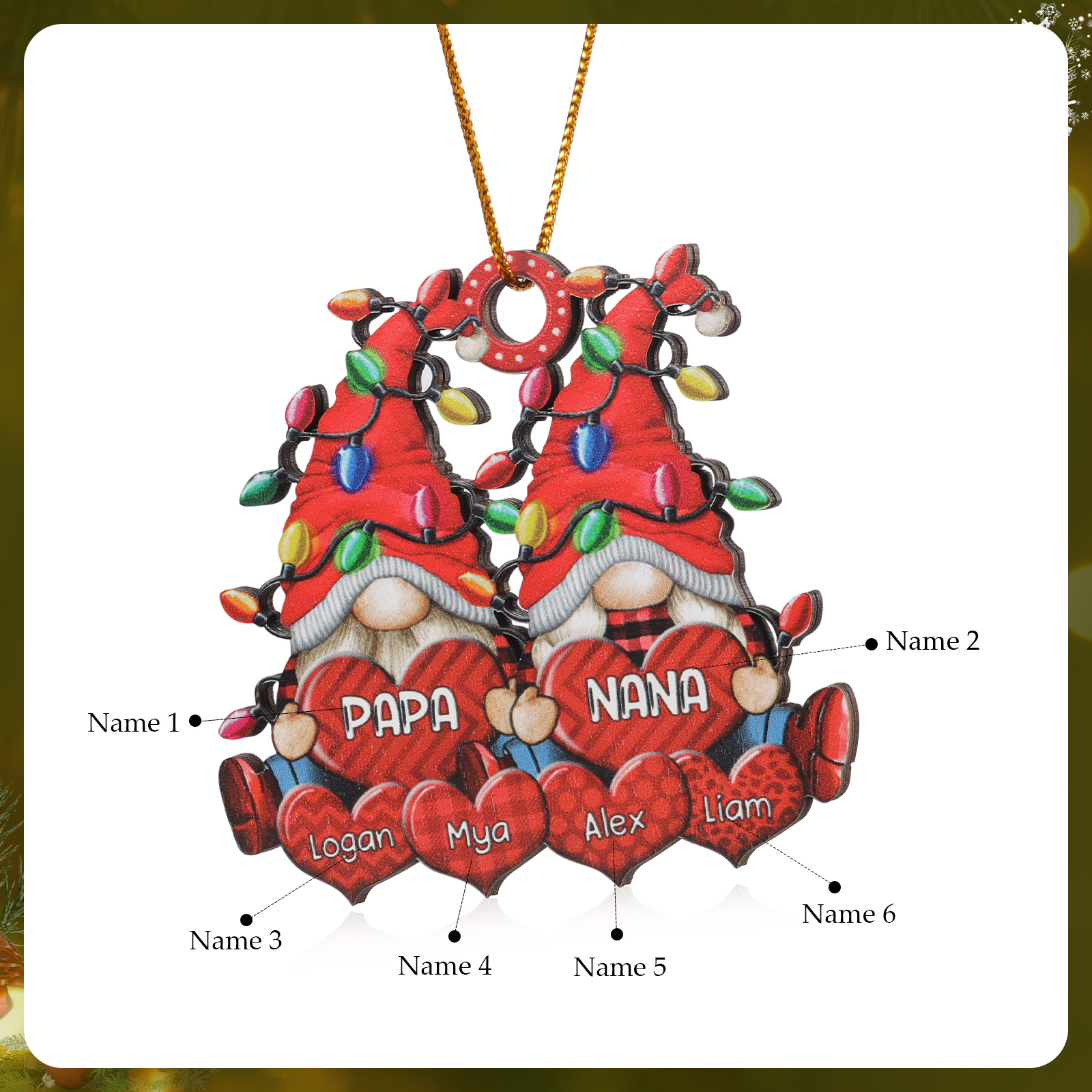 Personalized Gnome Family Wooden Christmas Ornament Custom with 6 Names Keychain Gift For Nana Papa