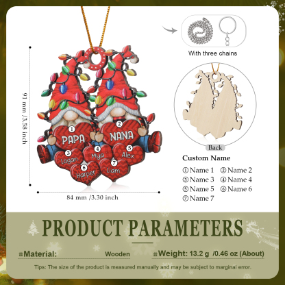 Personalized Gnome Family Wooden Christmas Ornament Custom with 7 Names Keychain Gift For Nana Papa
