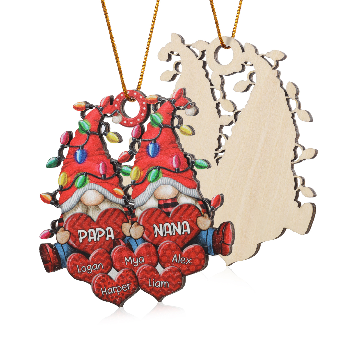 Personalized Gnome Family Wooden Christmas Ornament Custom with 7 Names Keychain Gift For Nana Papa