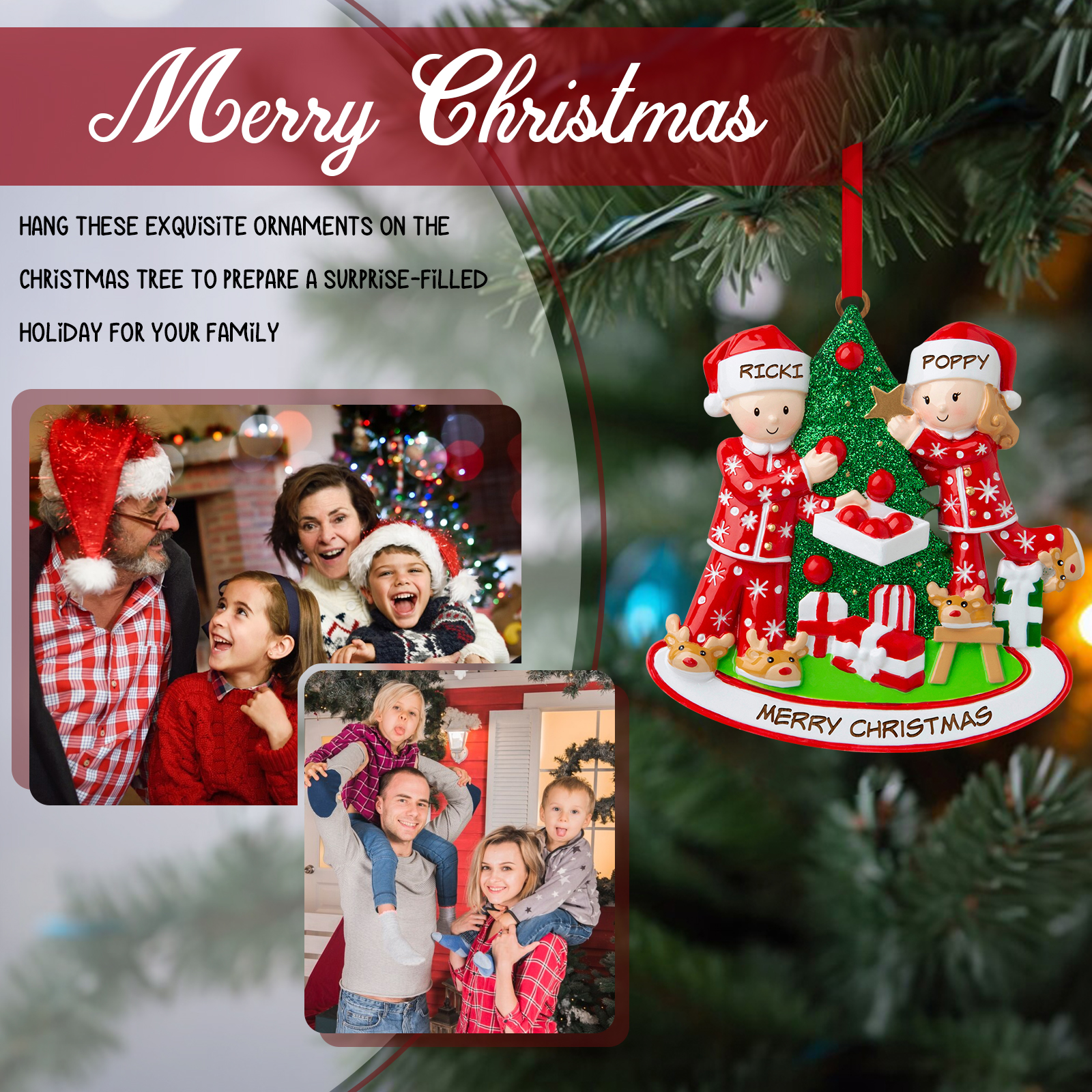 Personalized Couple Ornament with Names Festive Christmas Tree Decorating Scene