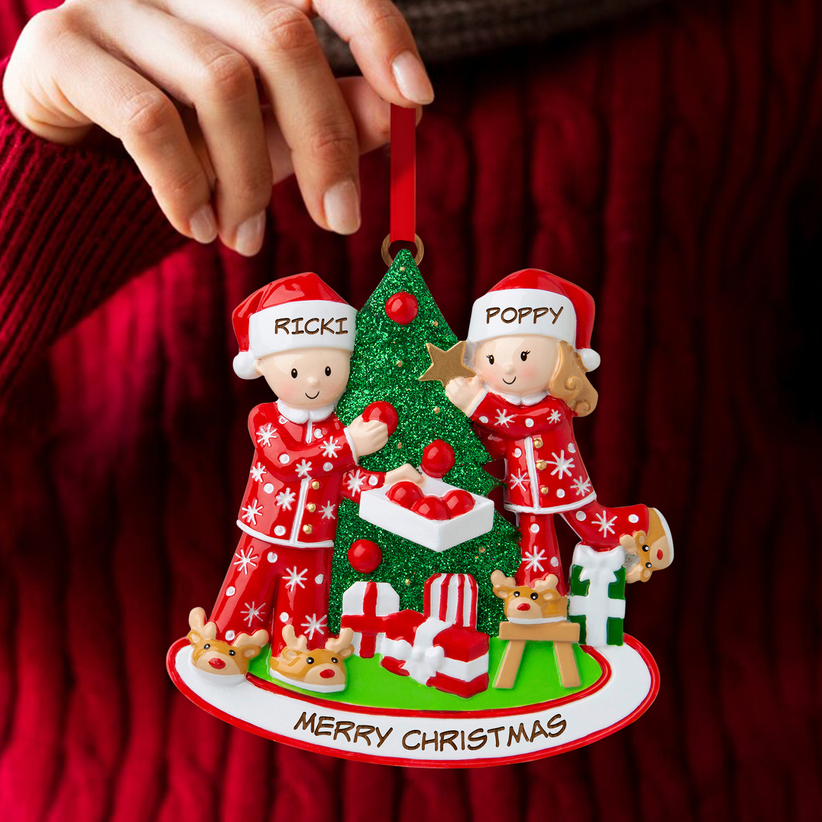 Personalized Couple Ornament with Names Festive Christmas Tree Decorating Scene