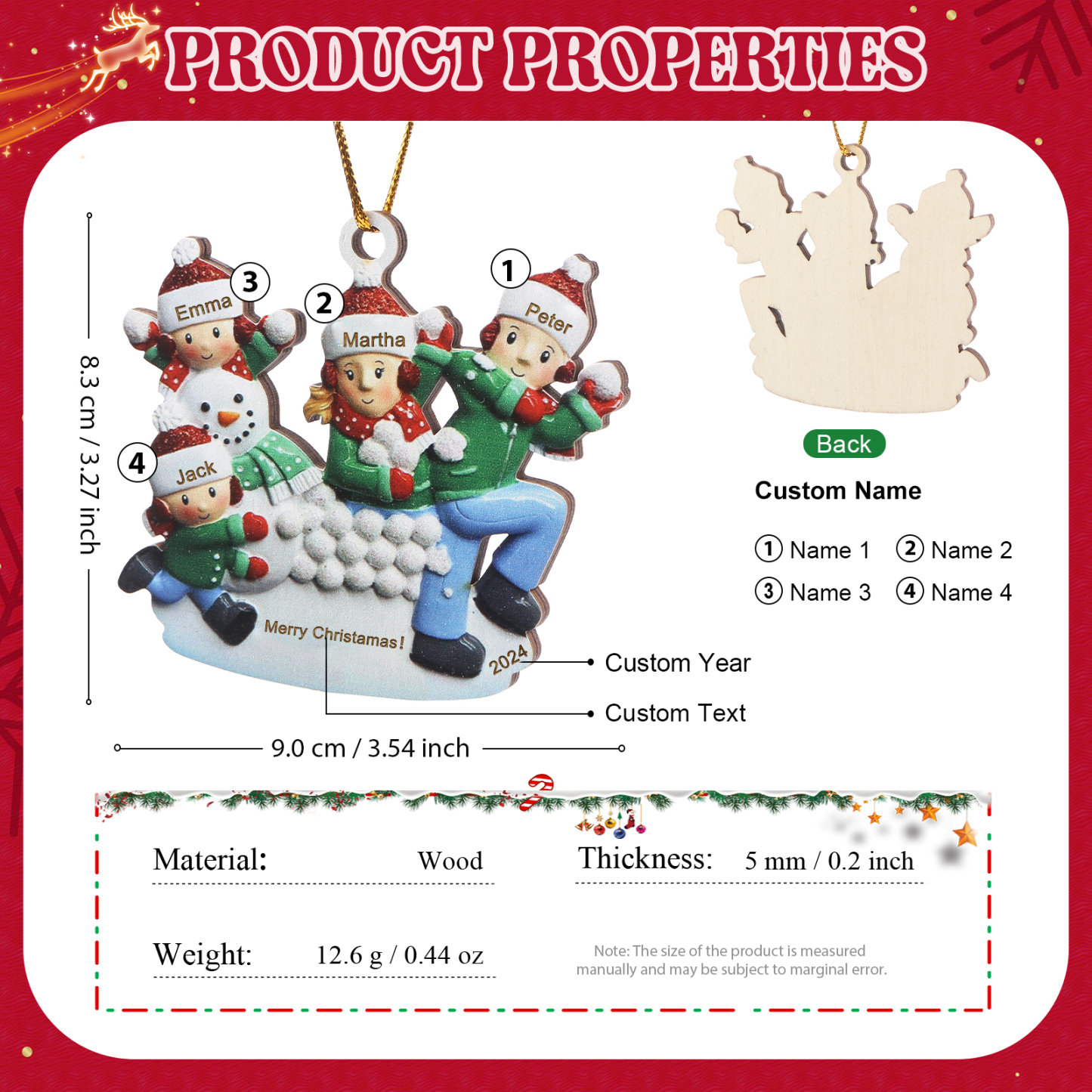Personalized Wooden Family Ornament with Custom 4 Names Snowball Fight Christmas Decoration