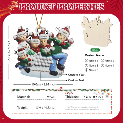 Personalized Wooden Family Ornament with Custom 5 Names Snowball Fight Christmas Decoration