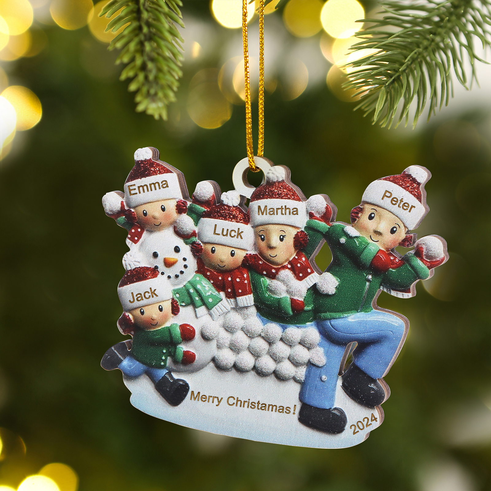 Personalized Wooden Family Ornament with Custom 5 Names Snowball Fight Christmas Decoration