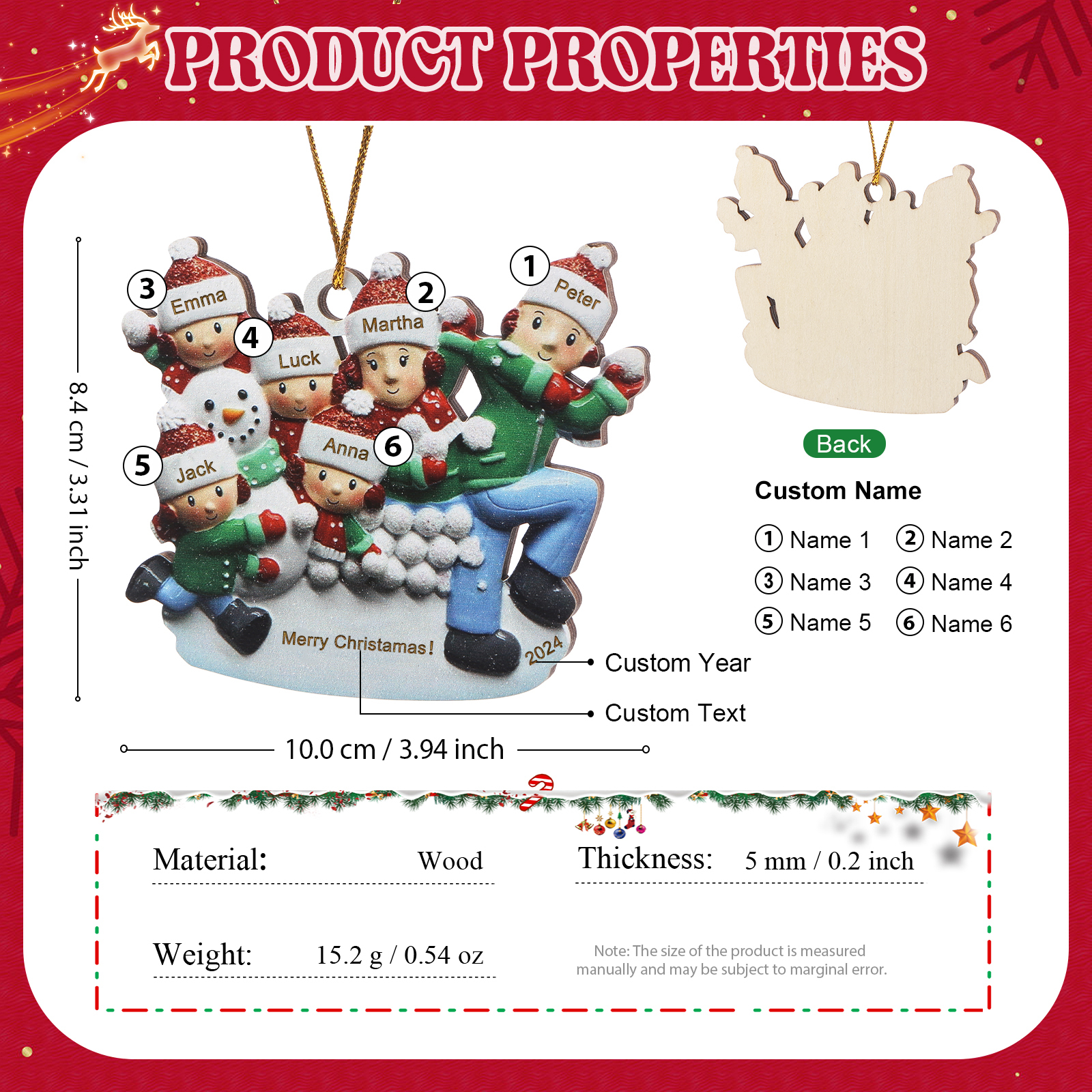 Personalized Wooden Family Ornament with Custom 6 Names Snowball Fight Christmas Decoration