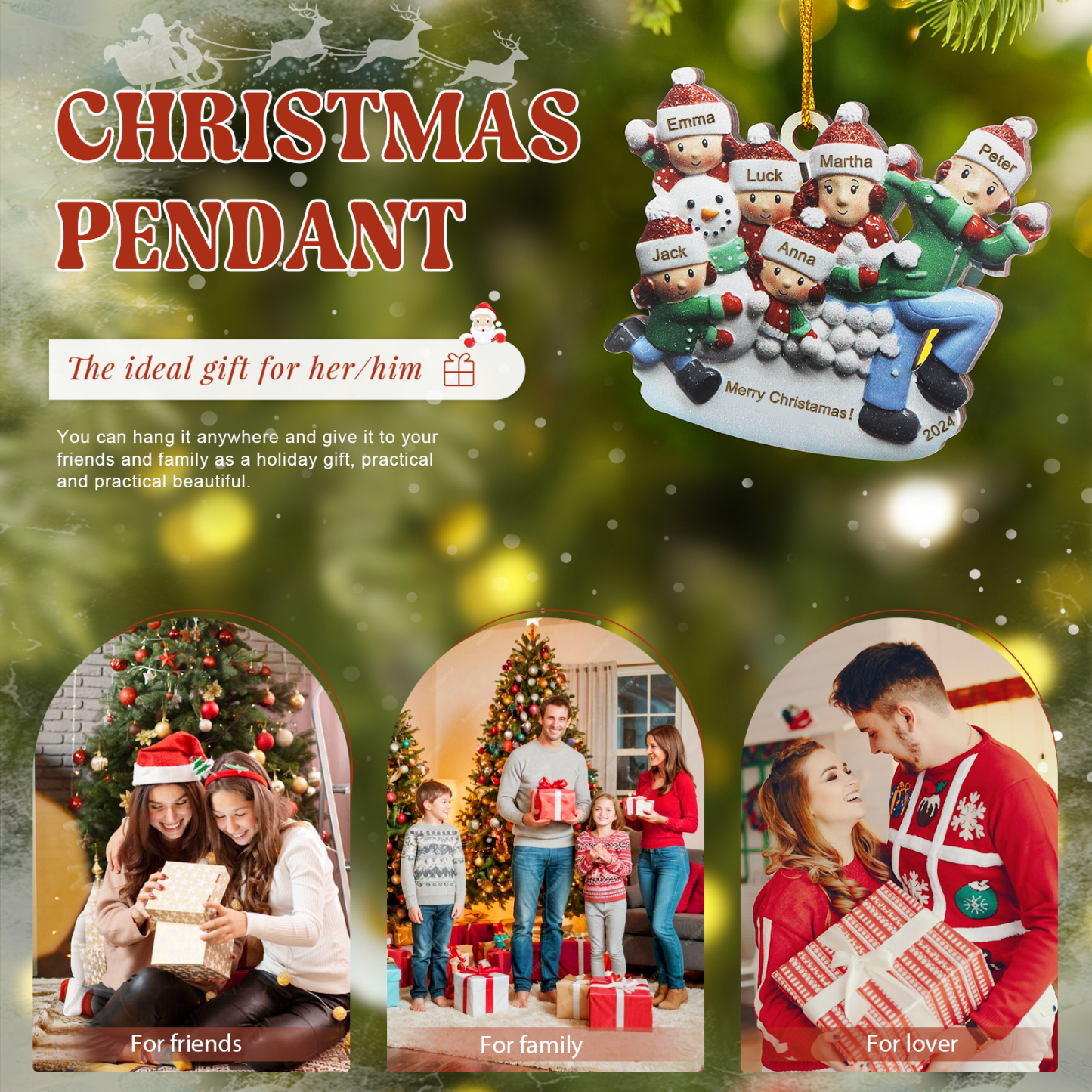 Personalized Wooden Family Ornament with Custom 6 Names Snowball Fight Christmas Decoration