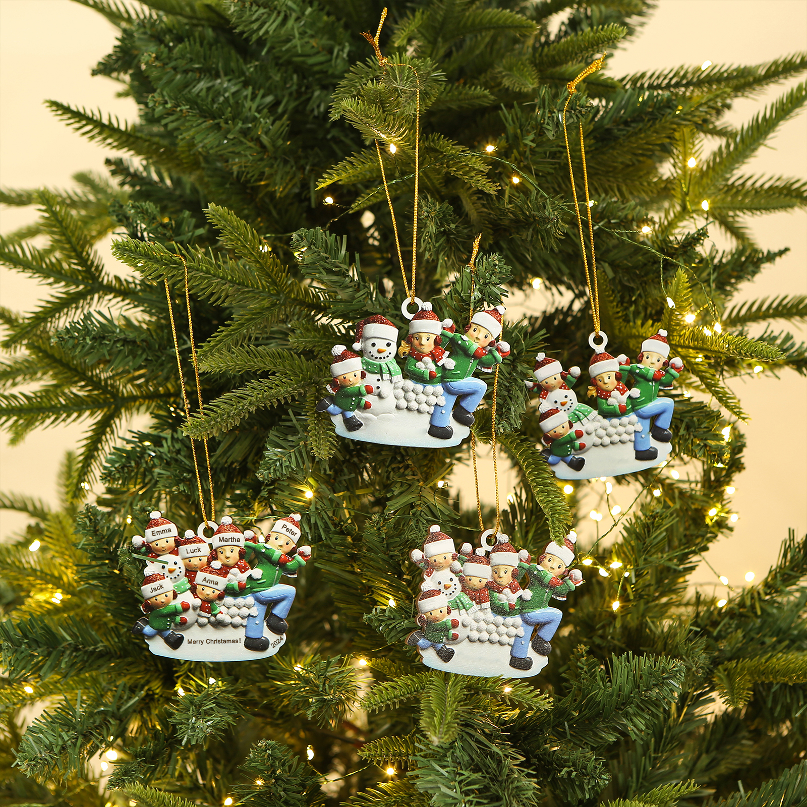 Personalized Wooden Family Ornament with Custom 6 Names Snowball Fight Christmas Decoration