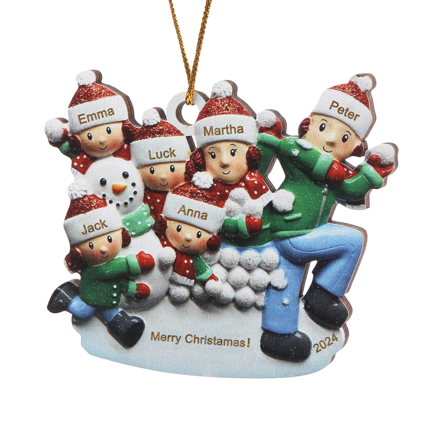 Personalized Wooden Family Ornament with Custom 6 Names Snowball Fight Christmas Decoration