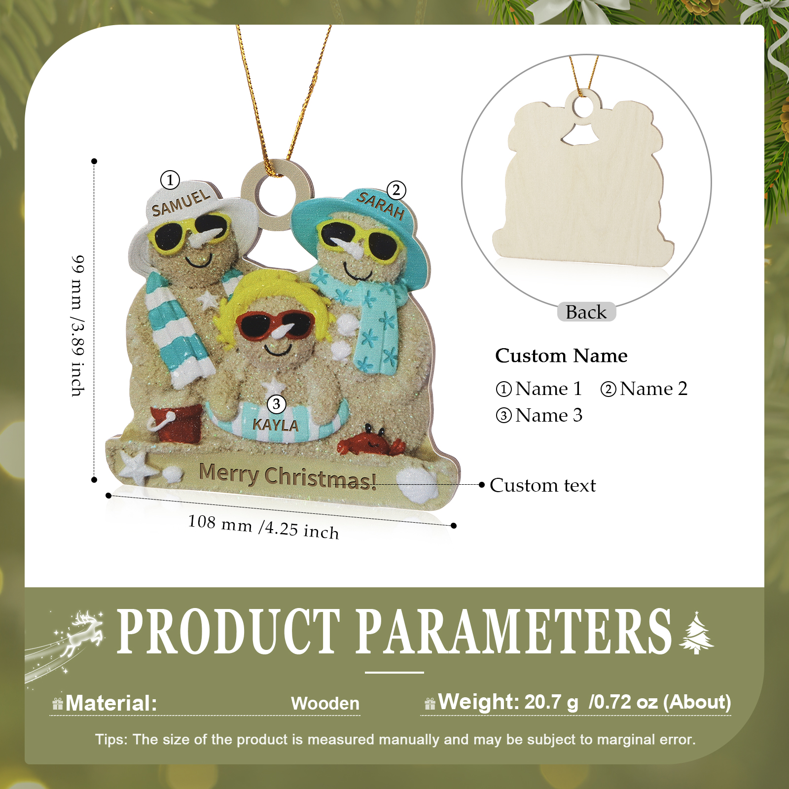 Custom Beach Sand Snowman Ornament with Personalized 3 Names  Fun Summer Wooden Ornament Christmas Gift