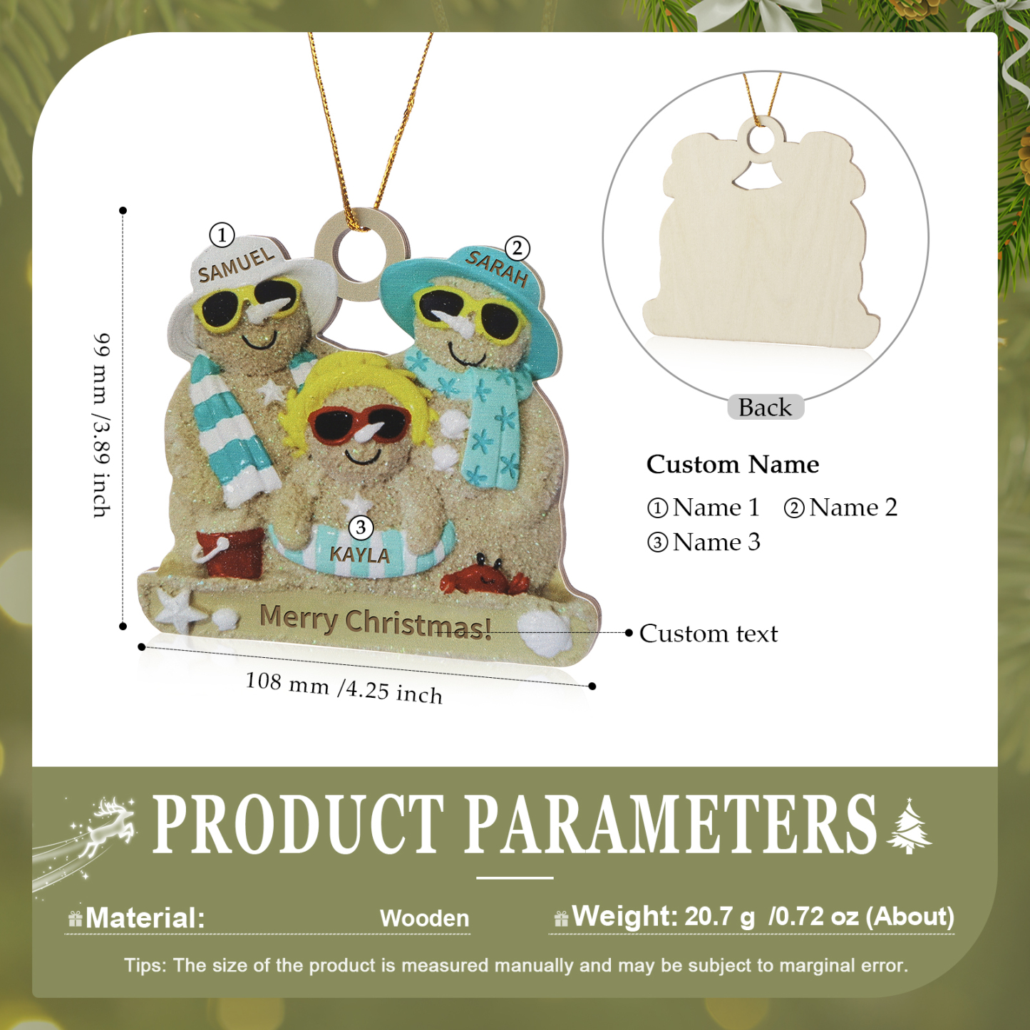 Custom Beach Sand Snowman Ornament with Personalized 3 Names  Fun Summer Wooden Ornament Christmas Gift