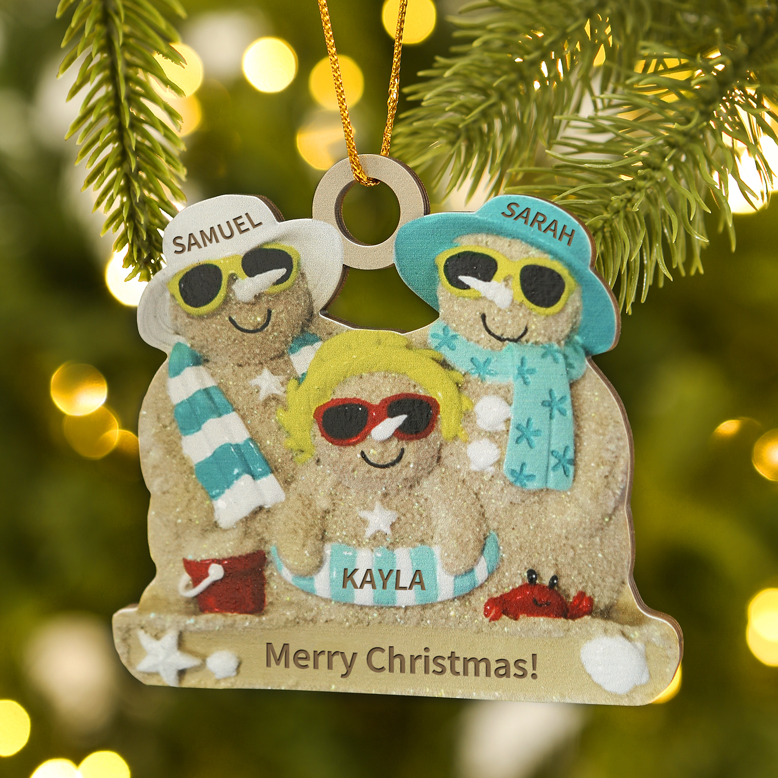 Custom Beach Sand Snowman Ornament with Personalized 3 Names  Fun Summer Wooden Ornament Christmas Gift