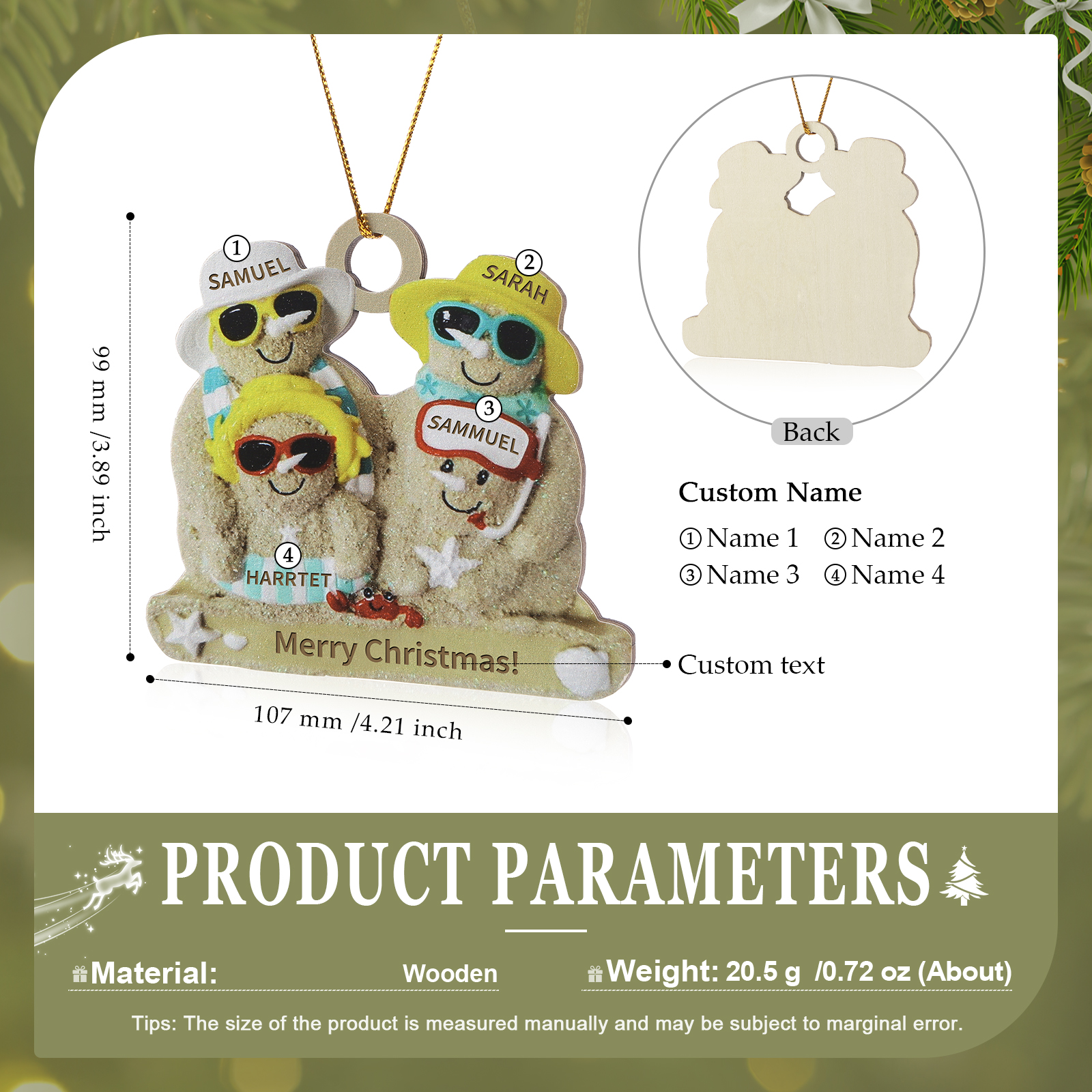 Custom Beach Sand Snowman Ornament with Personalized 4 Names  Fun Summer Wooden Ornament Christmas Gift