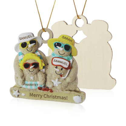 Custom Beach Sand Snowman Ornament with Personalized 4 Names  Fun Summer Wooden Ornament Christmas Gift