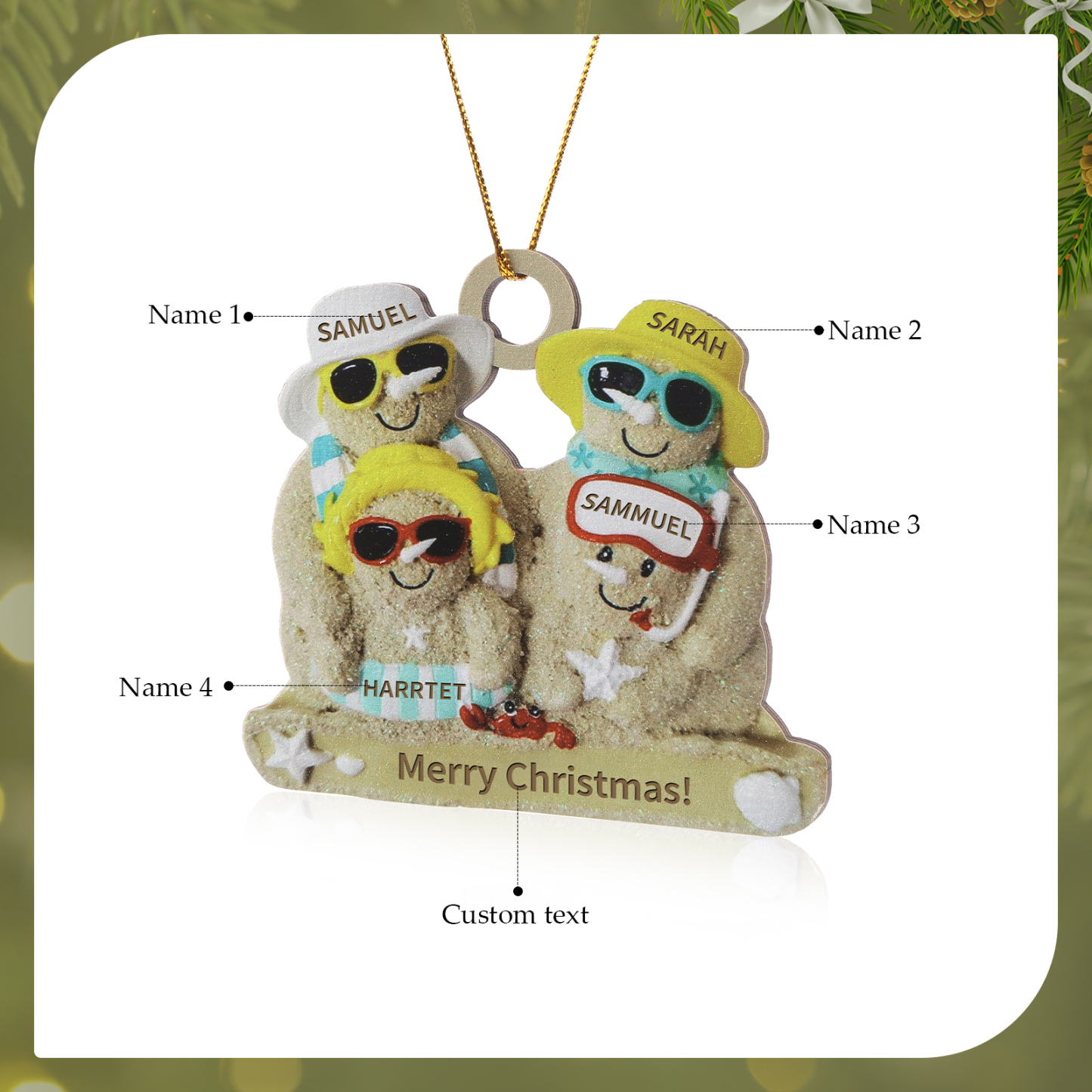 Custom Beach Sand Snowman Ornament with Personalized 4 Names  Fun Summer Wooden Ornament Christmas Gift