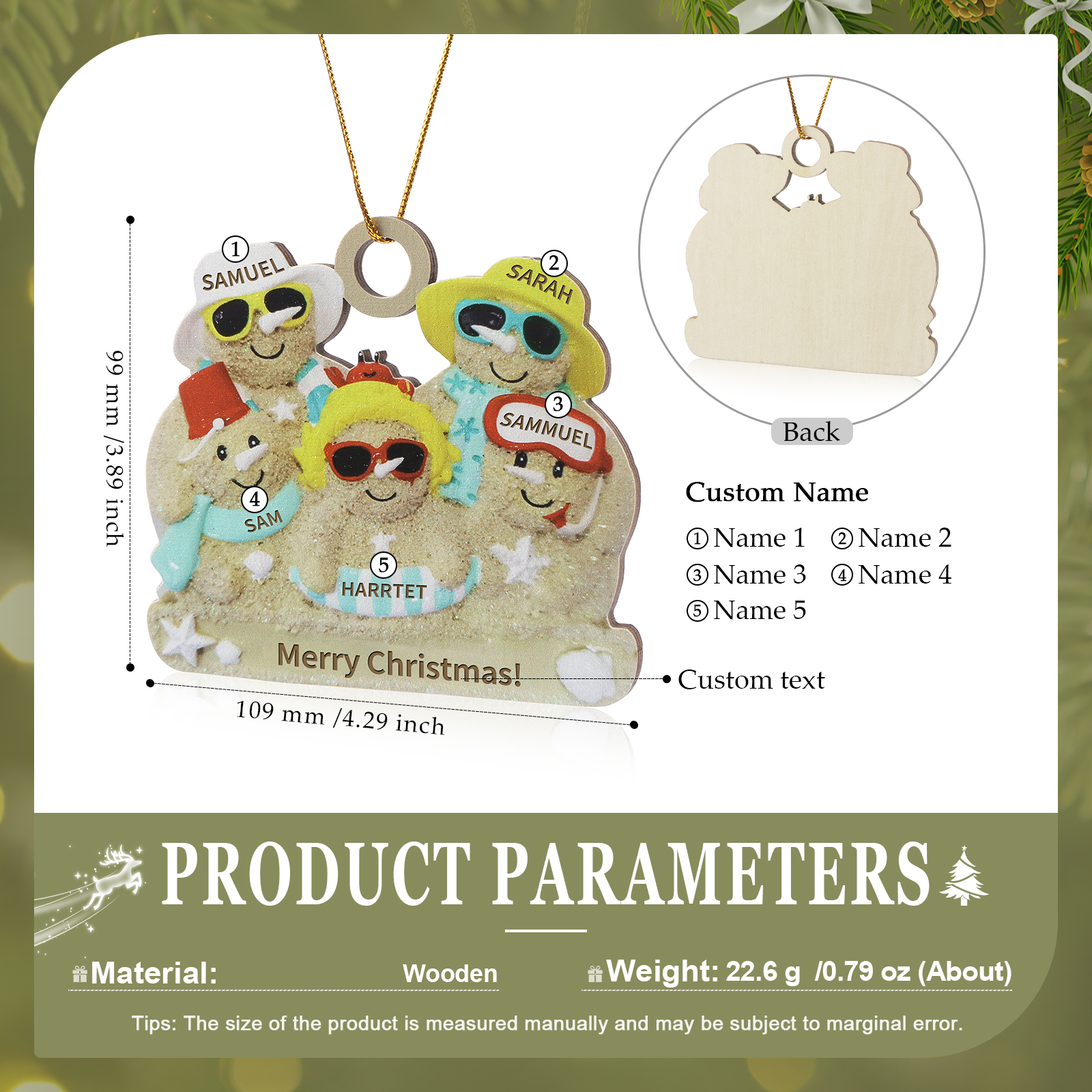 Custom Beach Sand Snowman Ornament with Personalized 5 Names  Fun Summer Wooden Ornament Christmas Gift