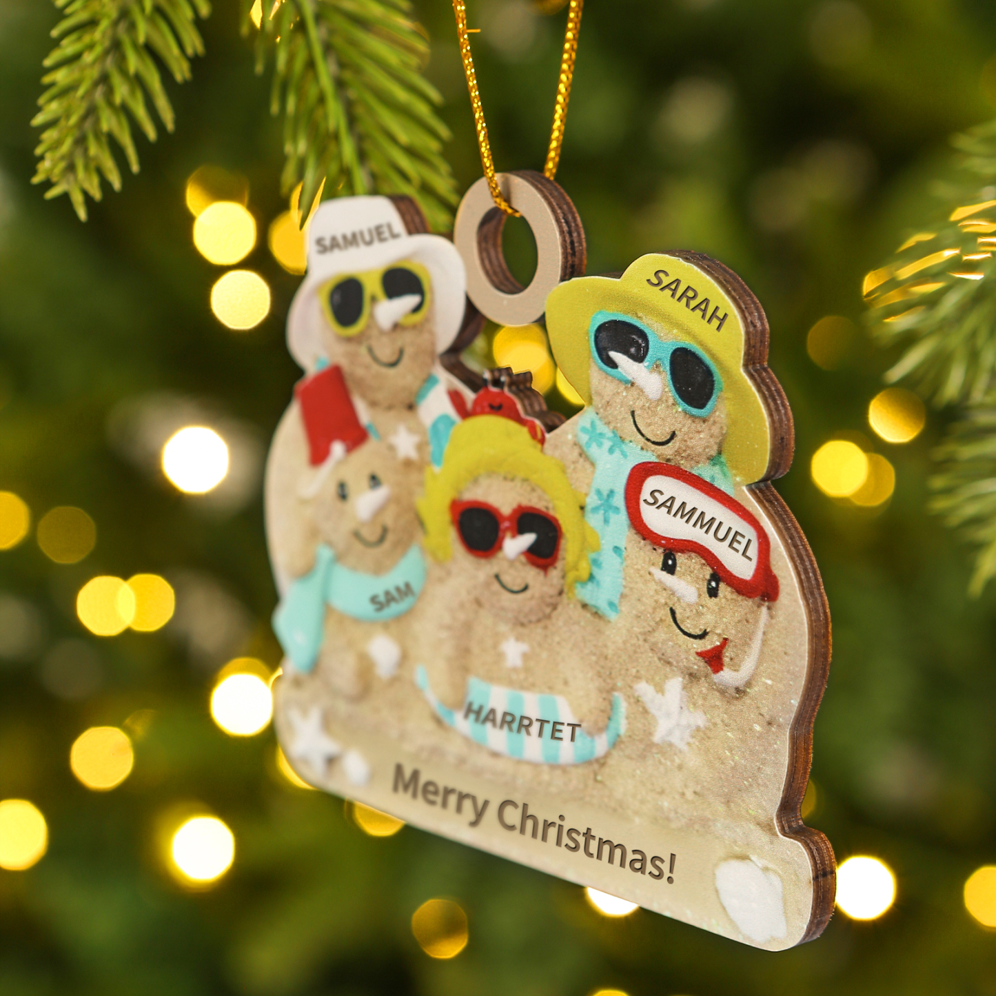 Custom Beach Sand Snowman Ornament with Personalized 5 Names  Fun Summer Wooden Ornament Christmas Gift