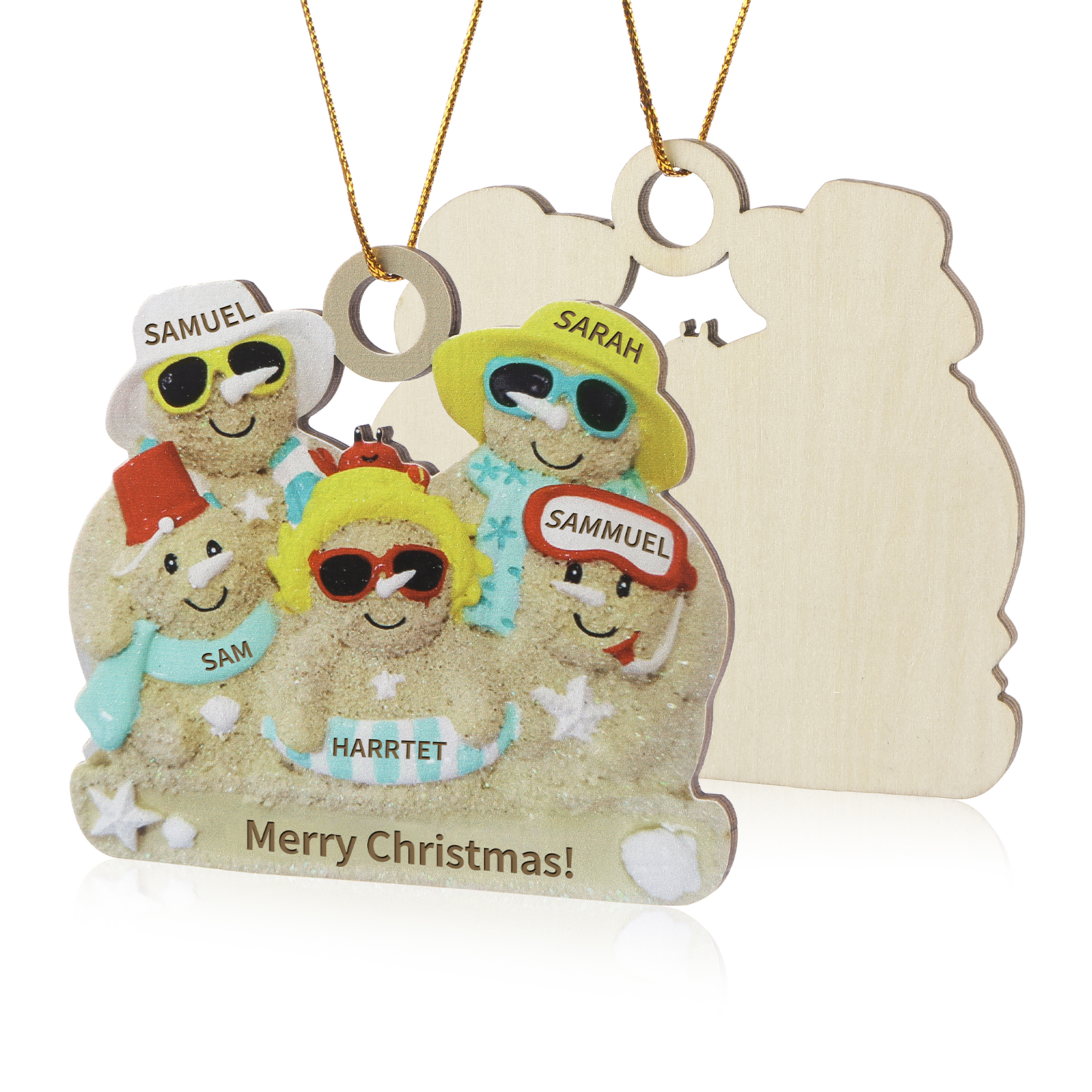 Custom Beach Sand Snowman Ornament with Personalized 5 Names  Fun Summer Wooden Ornament Christmas Gift