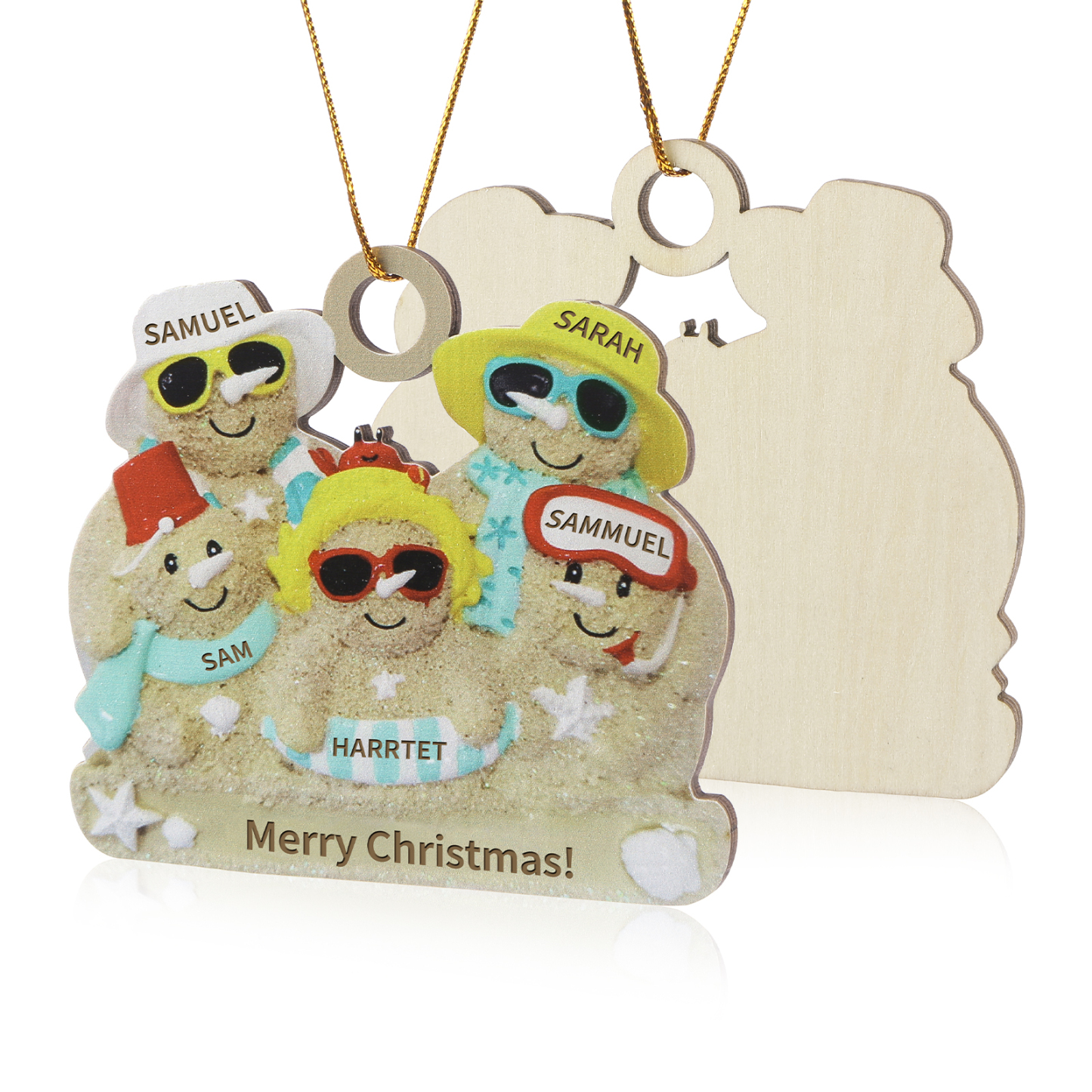 Custom Beach Sand Snowman Ornament with Personalized 5 Names  Fun Summer Wooden Ornament Christmas Gift