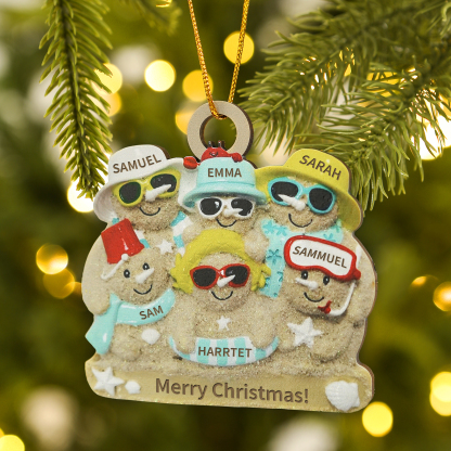 Custom Beach Sand Snowman Ornament with Personalized 6 Names  Fun Summer Wooden Ornament Christmas Gift