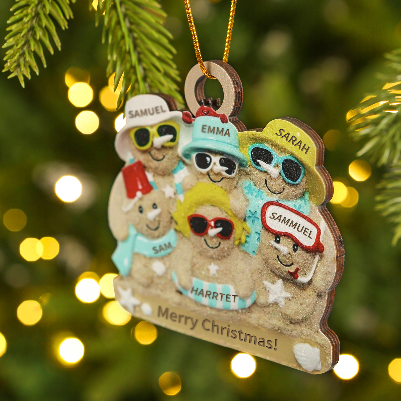 Custom Beach Sand Snowman Ornament with Personalized 6 Names  Fun Summer Wooden Ornament Christmas Gift