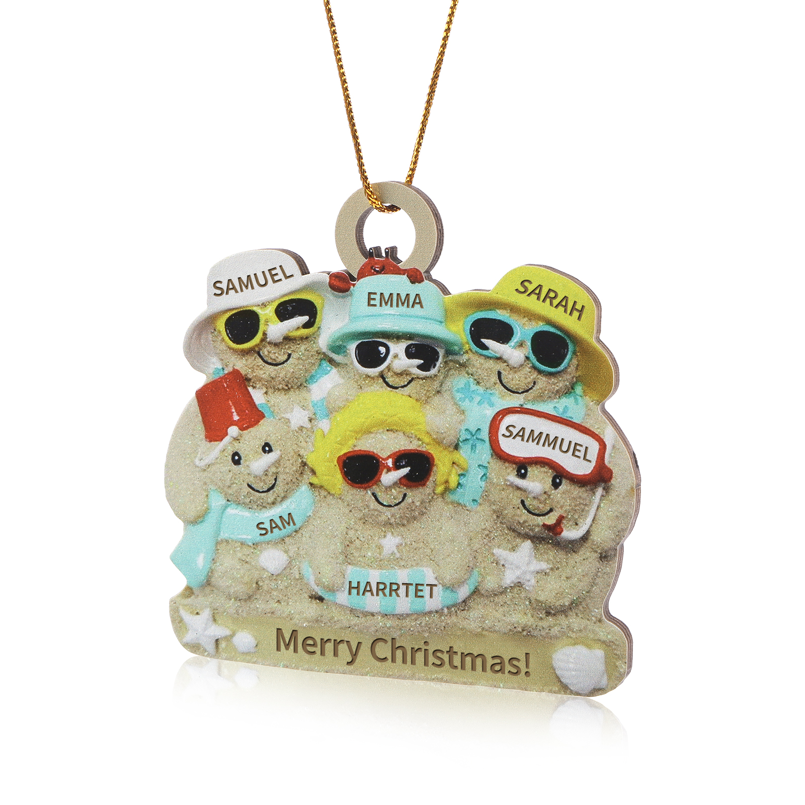 Custom Beach Sand Snowman Ornament with Personalized 6 Names  Fun Summer Wooden Ornament Christmas Gift