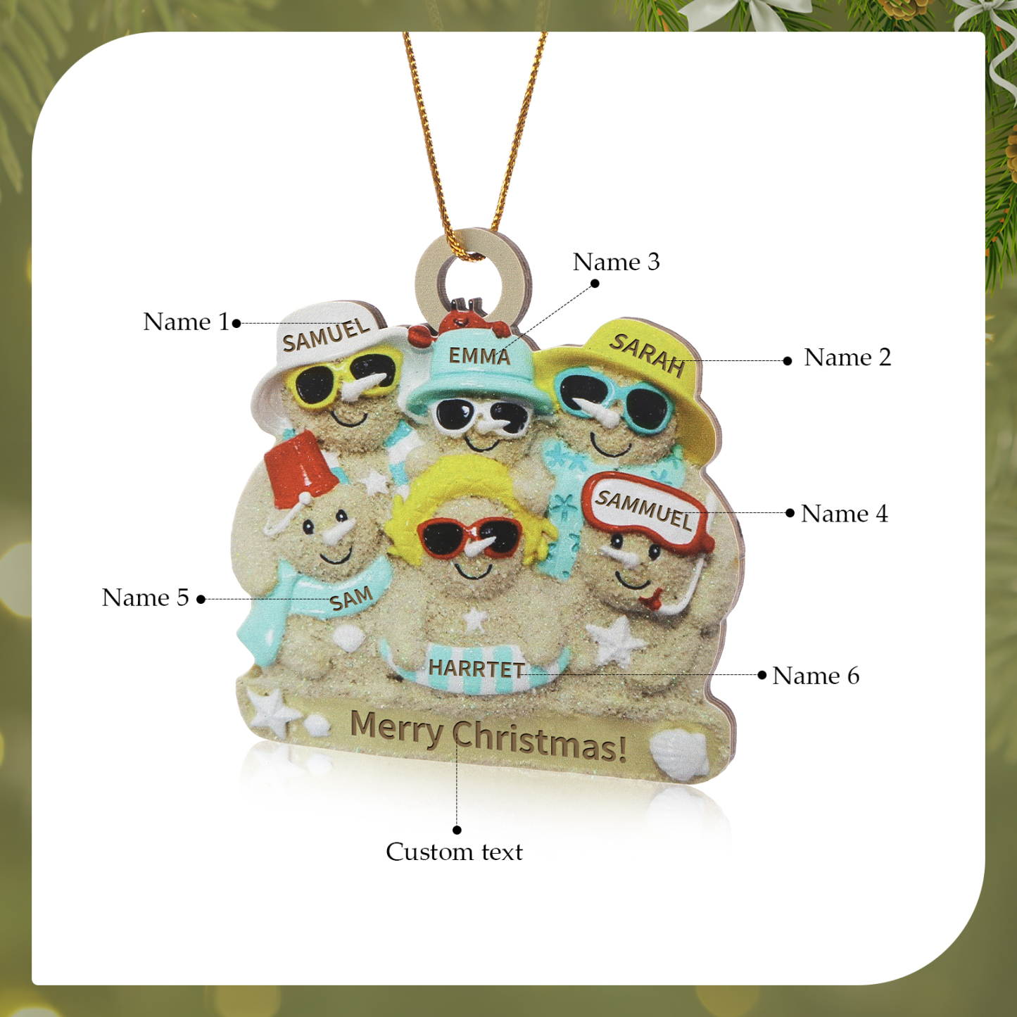 Custom Beach Sand Snowman Ornament with Personalized 6 Names  Fun Summer Wooden Ornament Christmas Gift