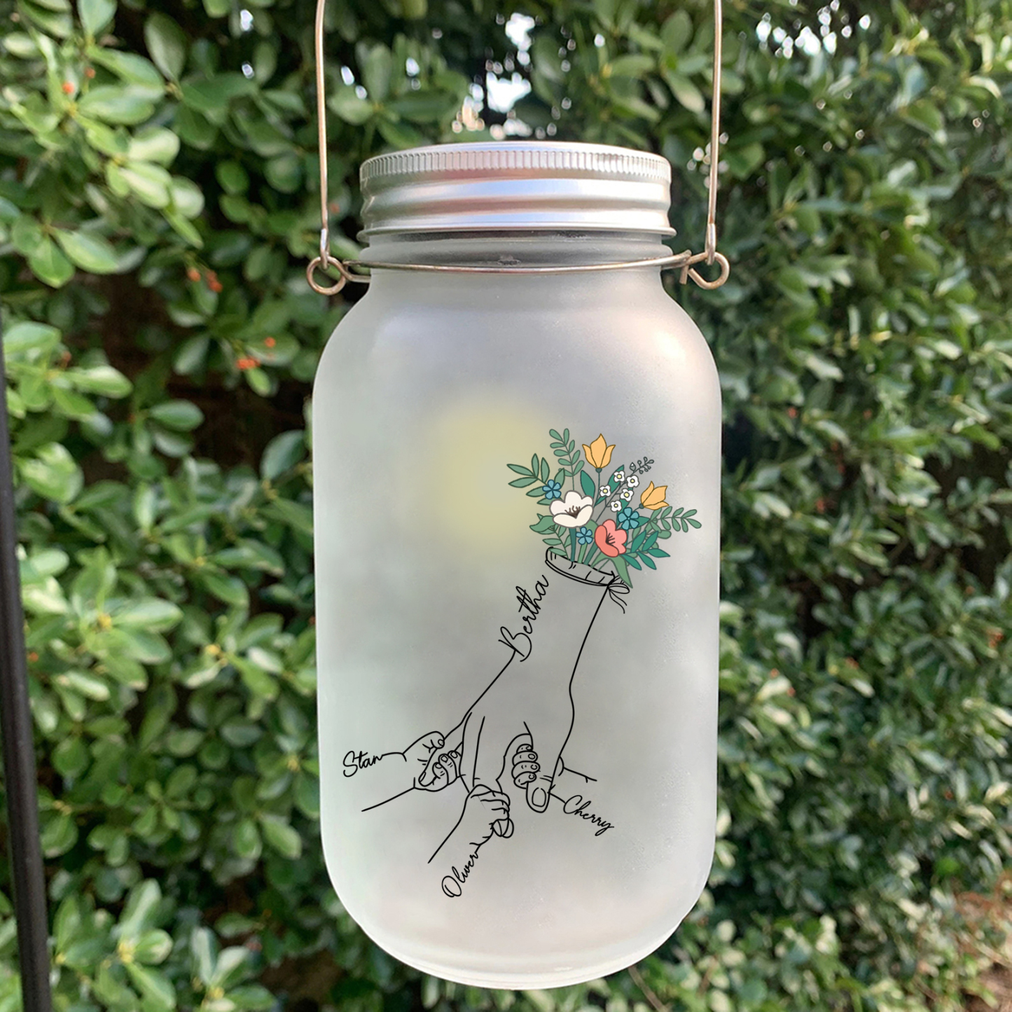 Personalized Holding Hand Flower Mason Jar Custom 2-7 Names Family Gift Solar Light Bottle for Christmas